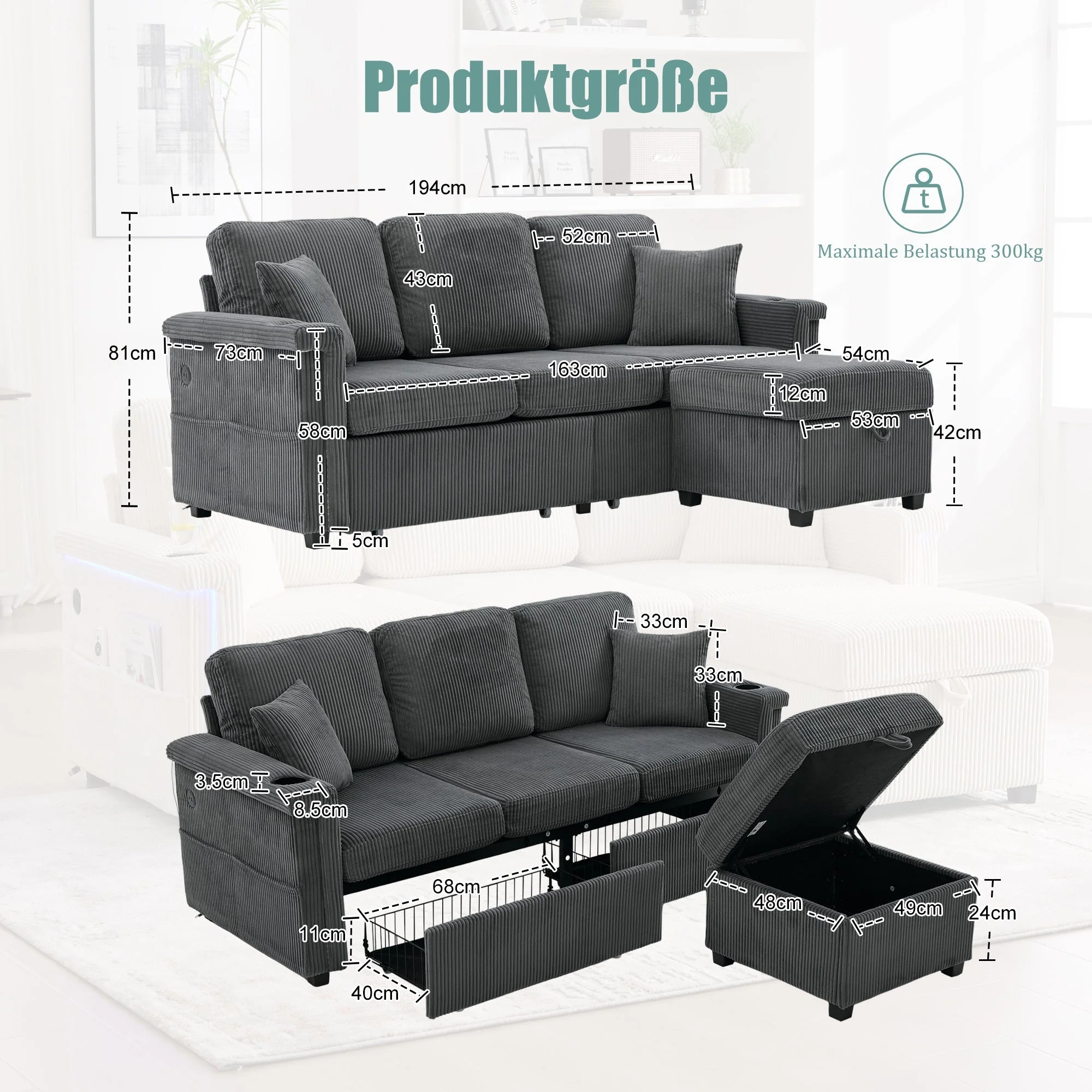 Velvet Sofa LED USB-C Storage Footrest Cup Holders, Dark Grey - Image 2