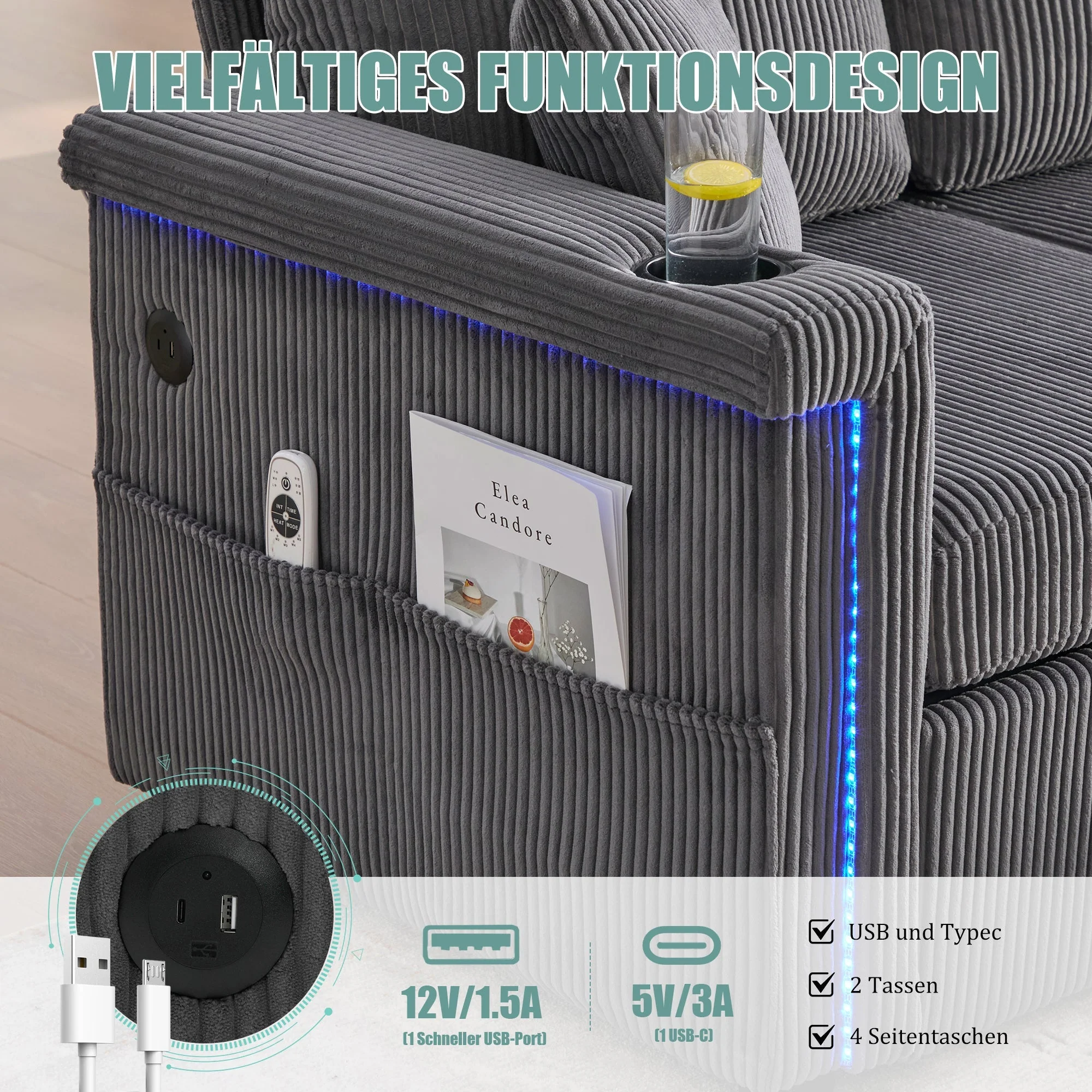 Velvet Sofa LED USB-C Storage Footrest Cup Holders, Dark Grey - Image 5