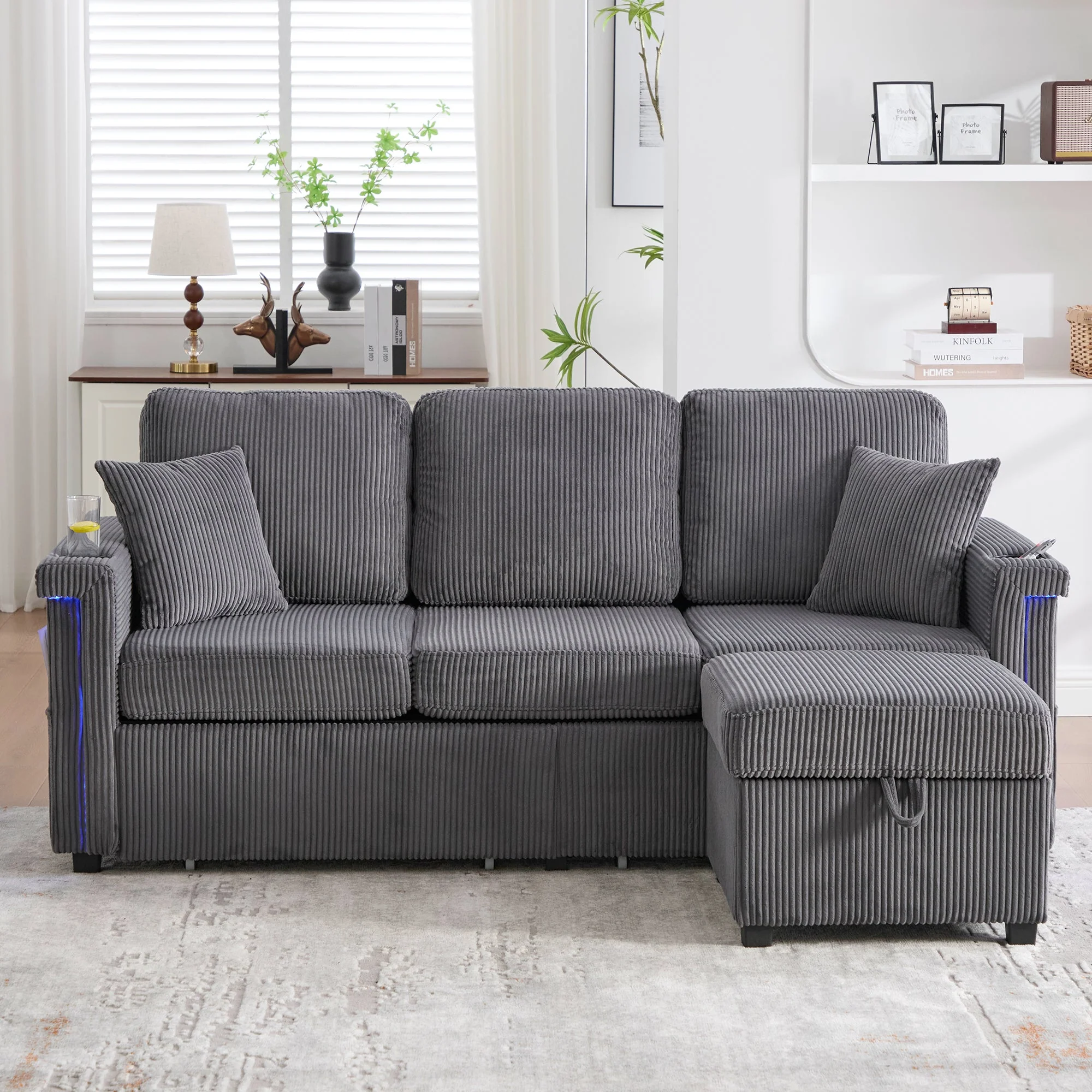 Velvet Sofa LED USB-C Storage Footrest Cup Holders, Dark Grey - Image 7
