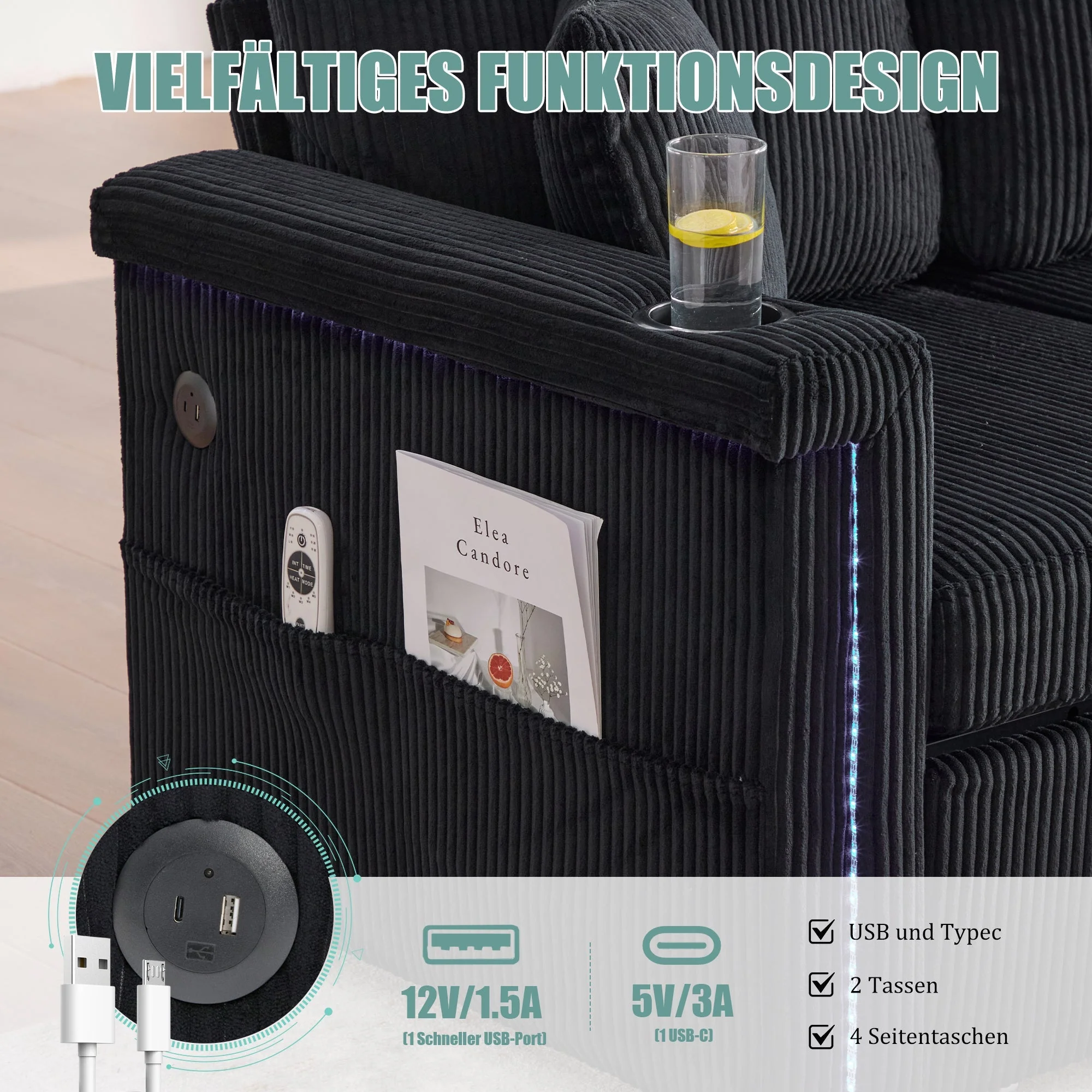 Velvet Sofa with LED & USB-C, Storage Footrest, Cup Holders, Black - Image 5