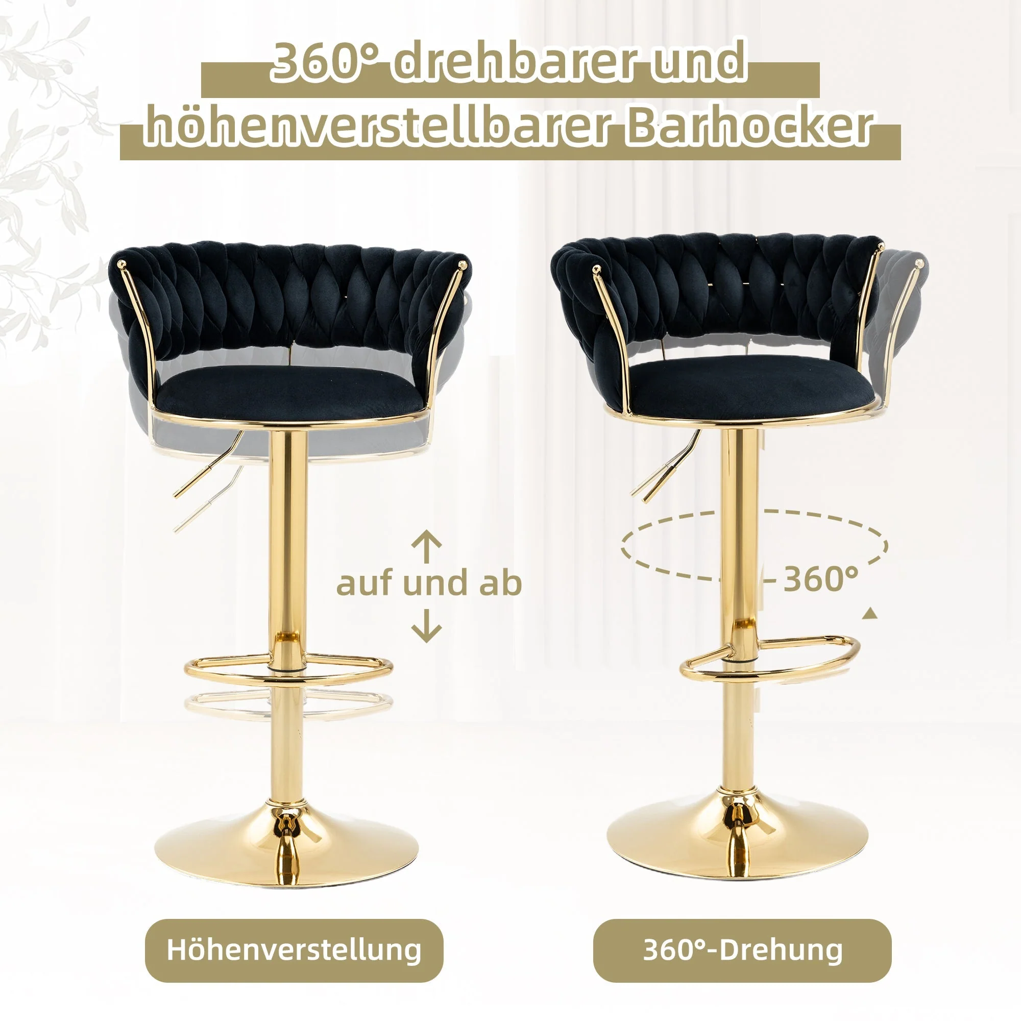 Velvet Swivel Bar Stool Set, Adjustable Height with Handcrafted Backrest - Image 3