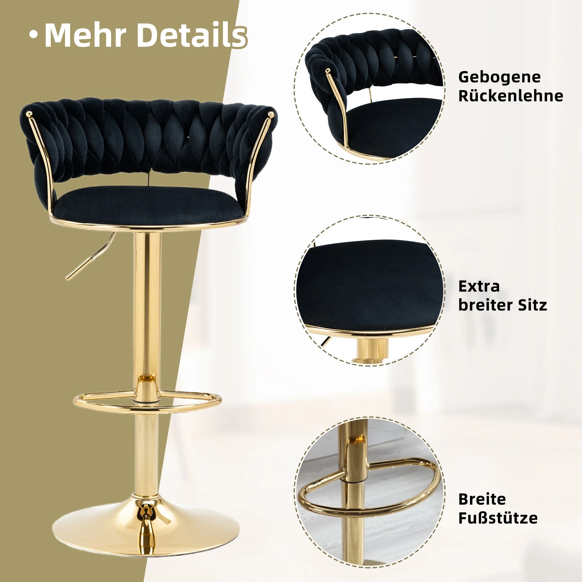 Velvet Swivel Bar Stool Set, Adjustable Height with Handcrafted Backrest - Image 4