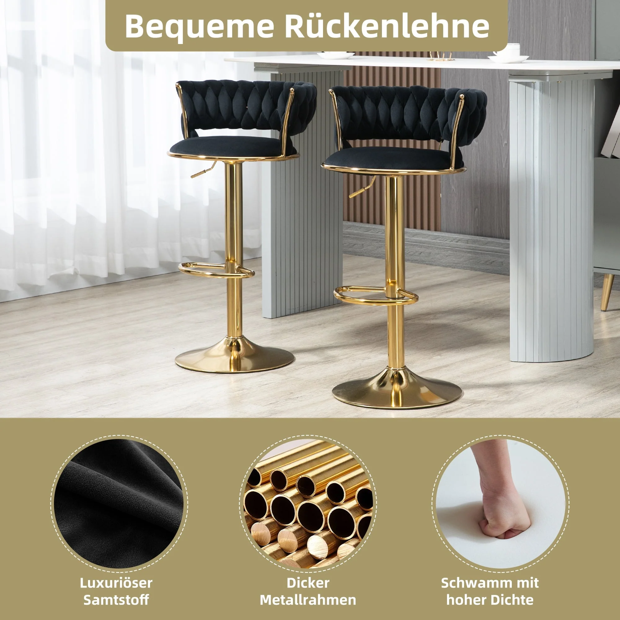 Velvet Swivel Bar Stool Set, Adjustable Height with Handcrafted Backrest - Image 5