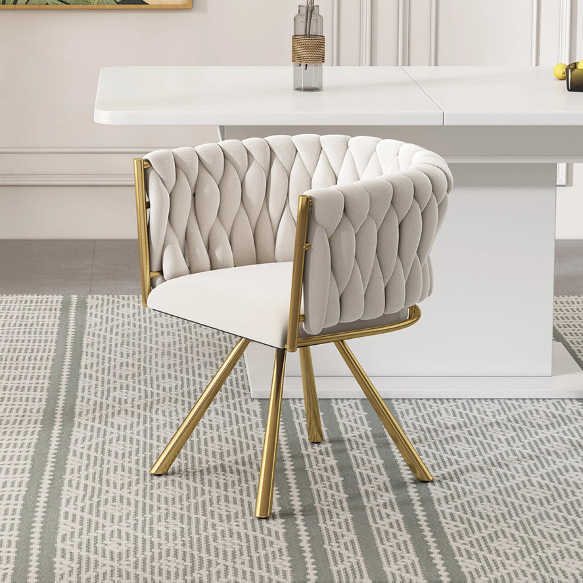 Velvet Swivel Chair, Single Light Luxury Dining/Living/Bedroom with Metal Legs, Beige and Gold