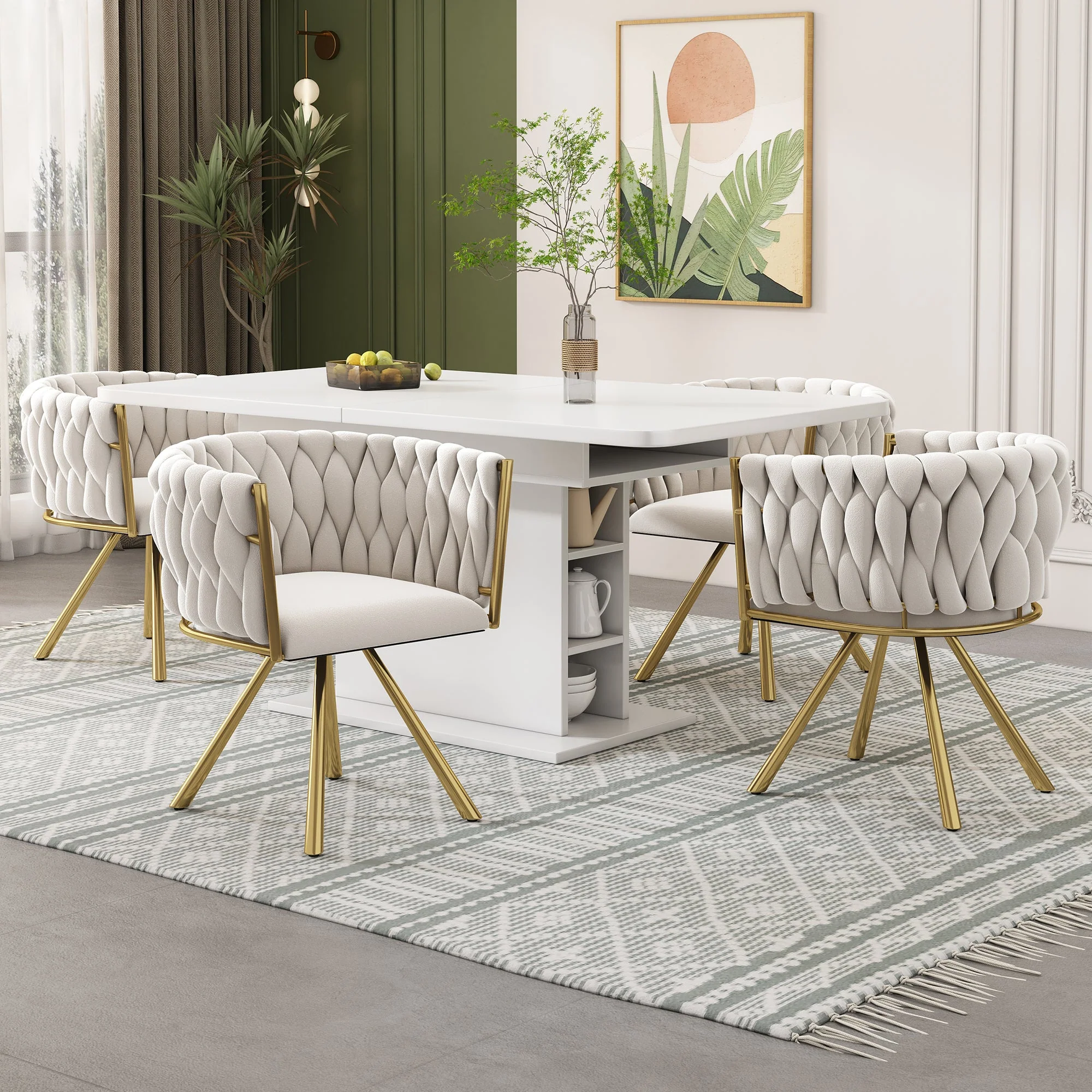 Velvet Swivel Chair, Single Light Luxury Dining/Living/Bedroom with Metal Legs, Beige and Gold - Image 3
