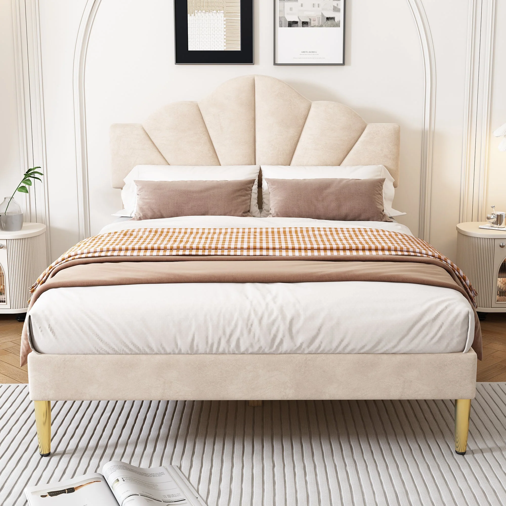 Velvet Upholstered Bed 140x190cm Shell Shape Adjustable Headboard Beige - Image 6