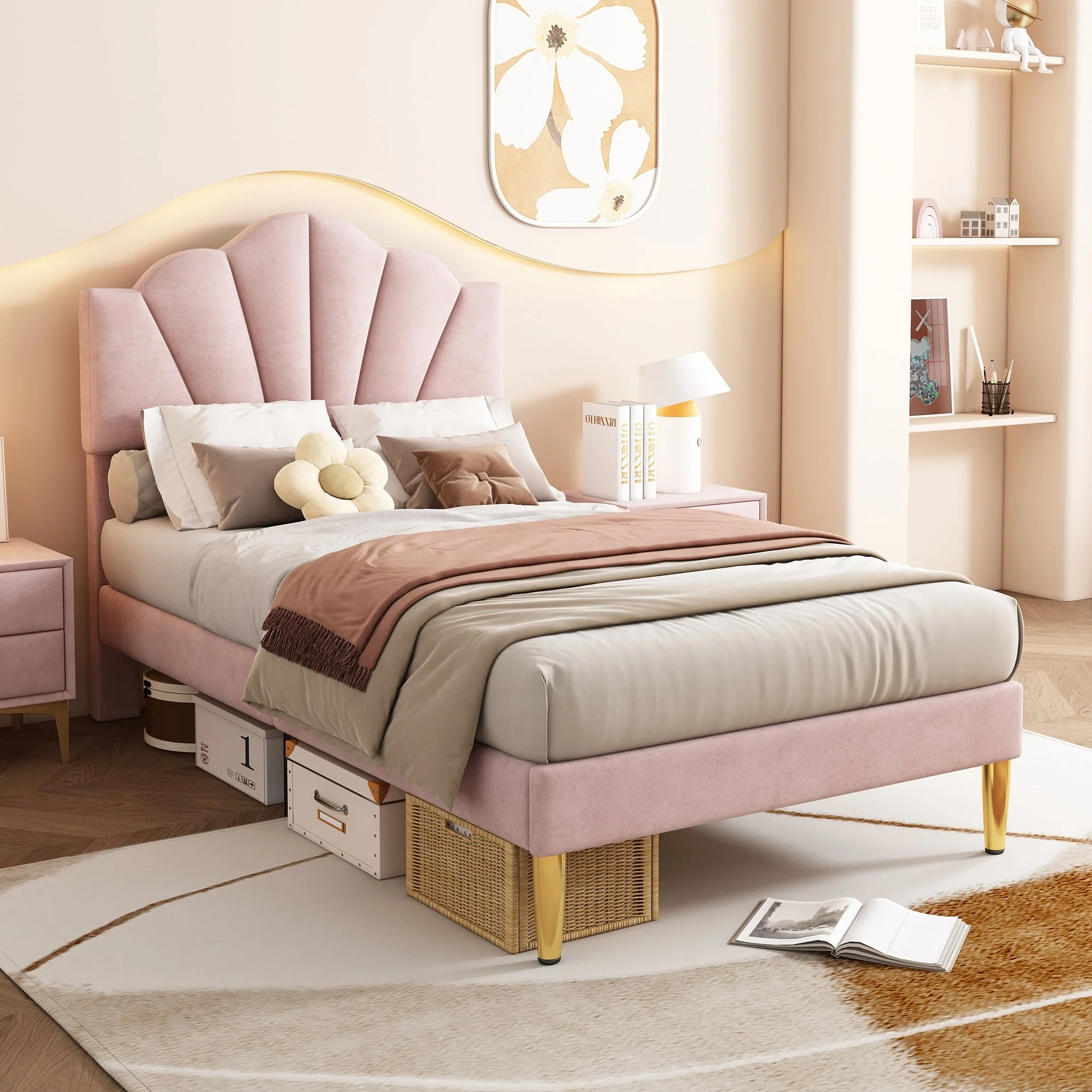 Velvet Upholstered Bed 90x200cm Shell Adjustable Headboard Golden Legs - Pink - Image 3
