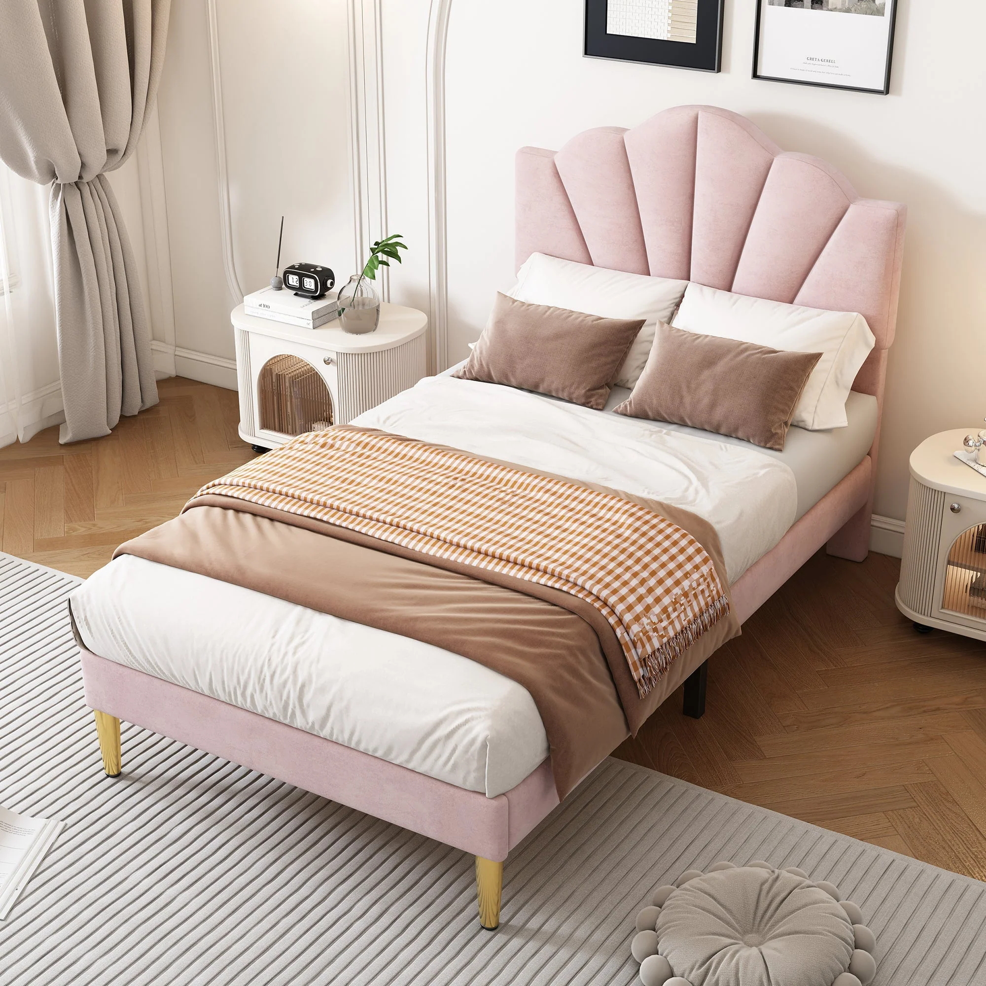 Velvet Upholstered Bed 90x200cm Shell Adjustable Headboard Golden Legs - Pink - Image 4