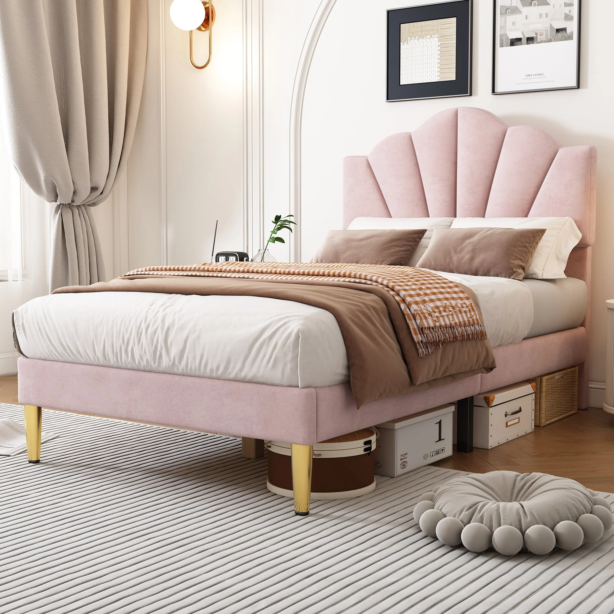 Velvet Upholstered Bed 90x200cm Shell Adjustable Headboard Golden Legs - Pink - Image 6