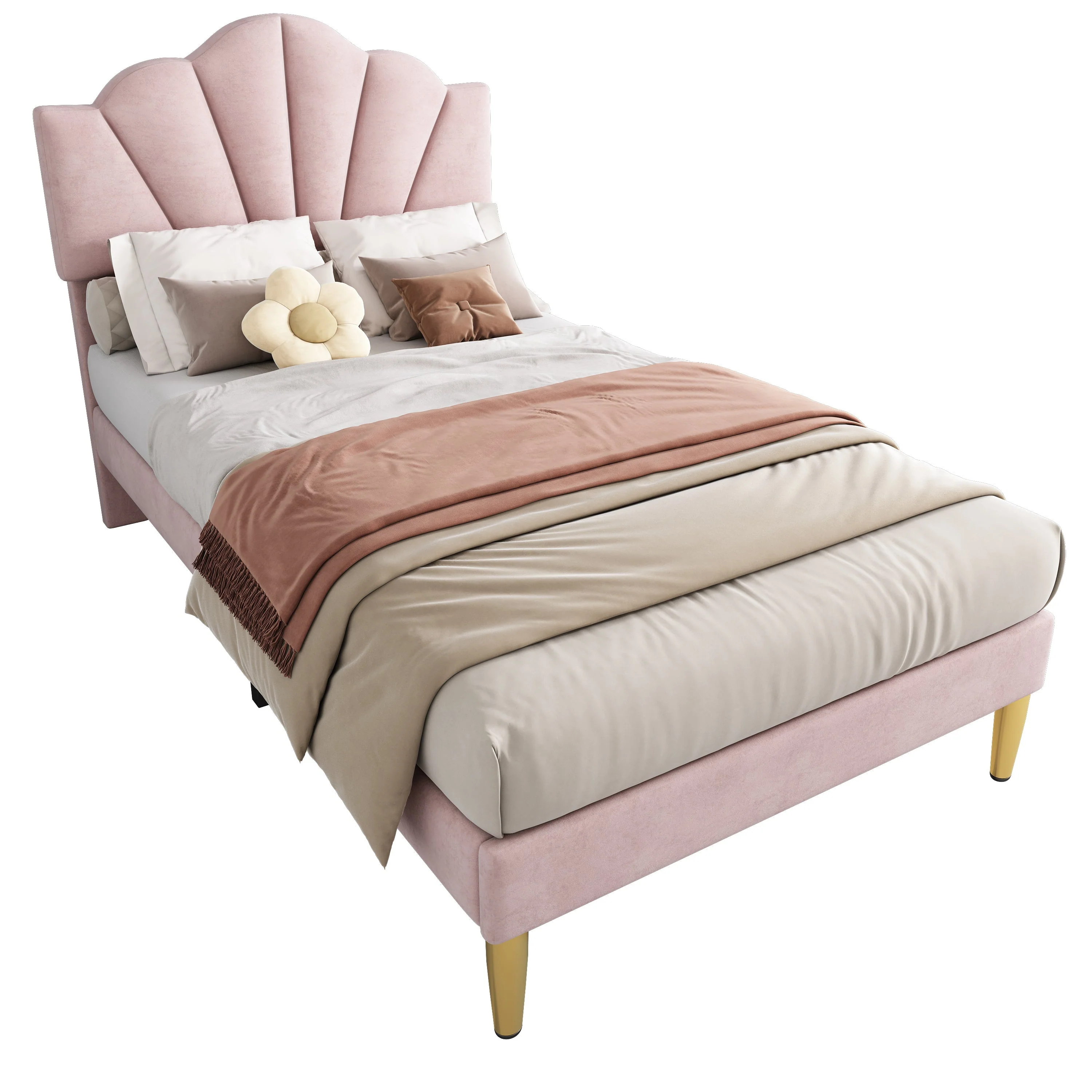 Velvet Upholstered Bed 90x200cm Shell Adjustable Headboard Golden Legs - Pink - Image 9