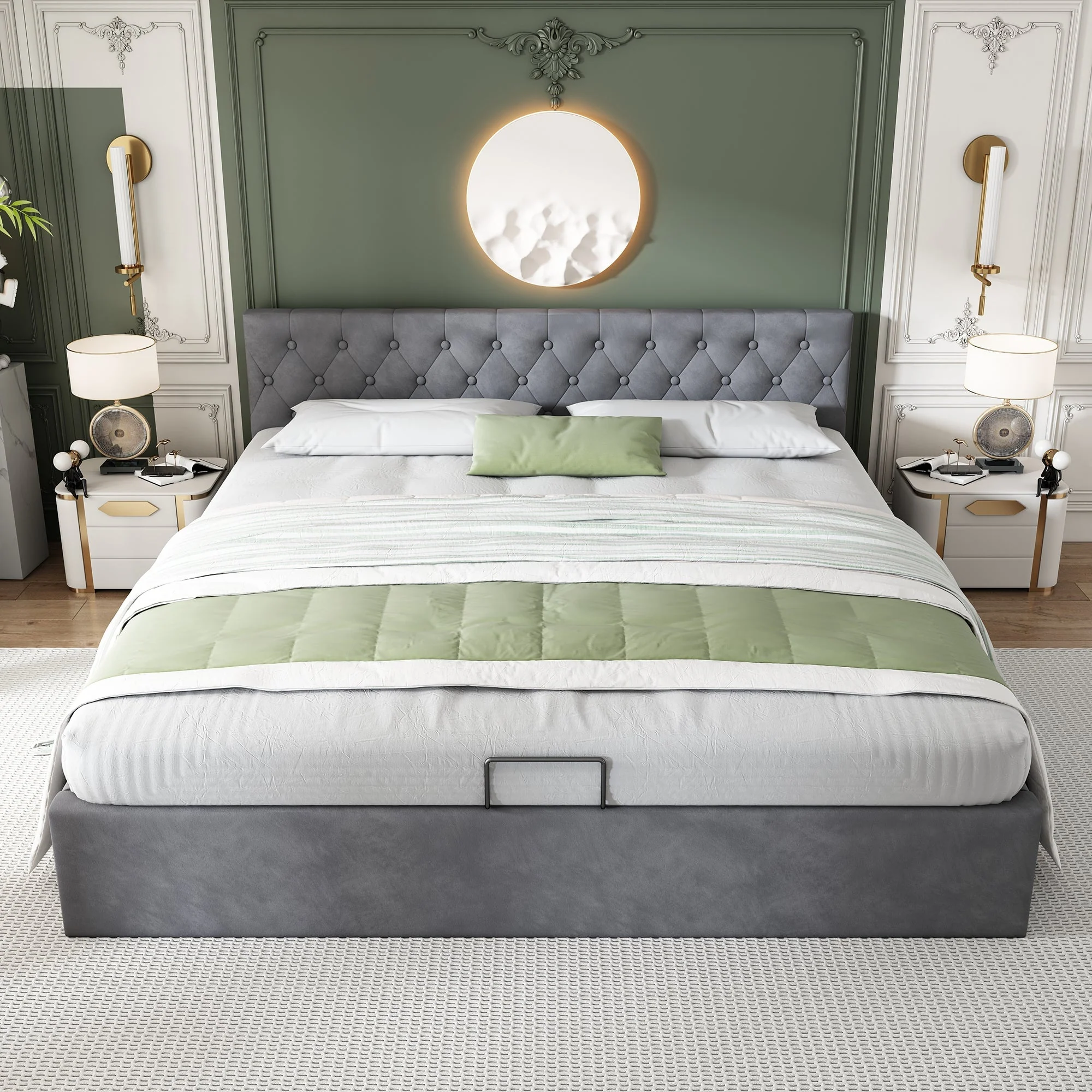 Velvet Upholstered Bed with Hydraulic Storage and Buttoned Headboard, 180x200cm, Grey - Image 7