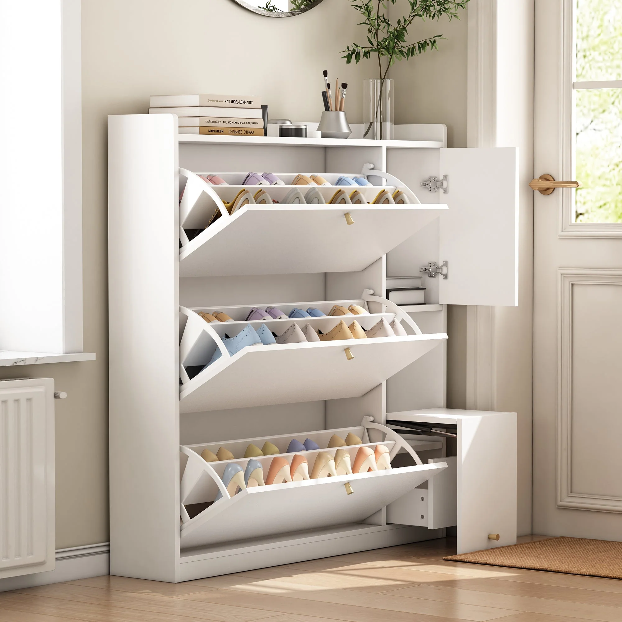 Versatile Tilting Shoe Cabinet with 3 Folding Drawers, Entryway Organizer, White