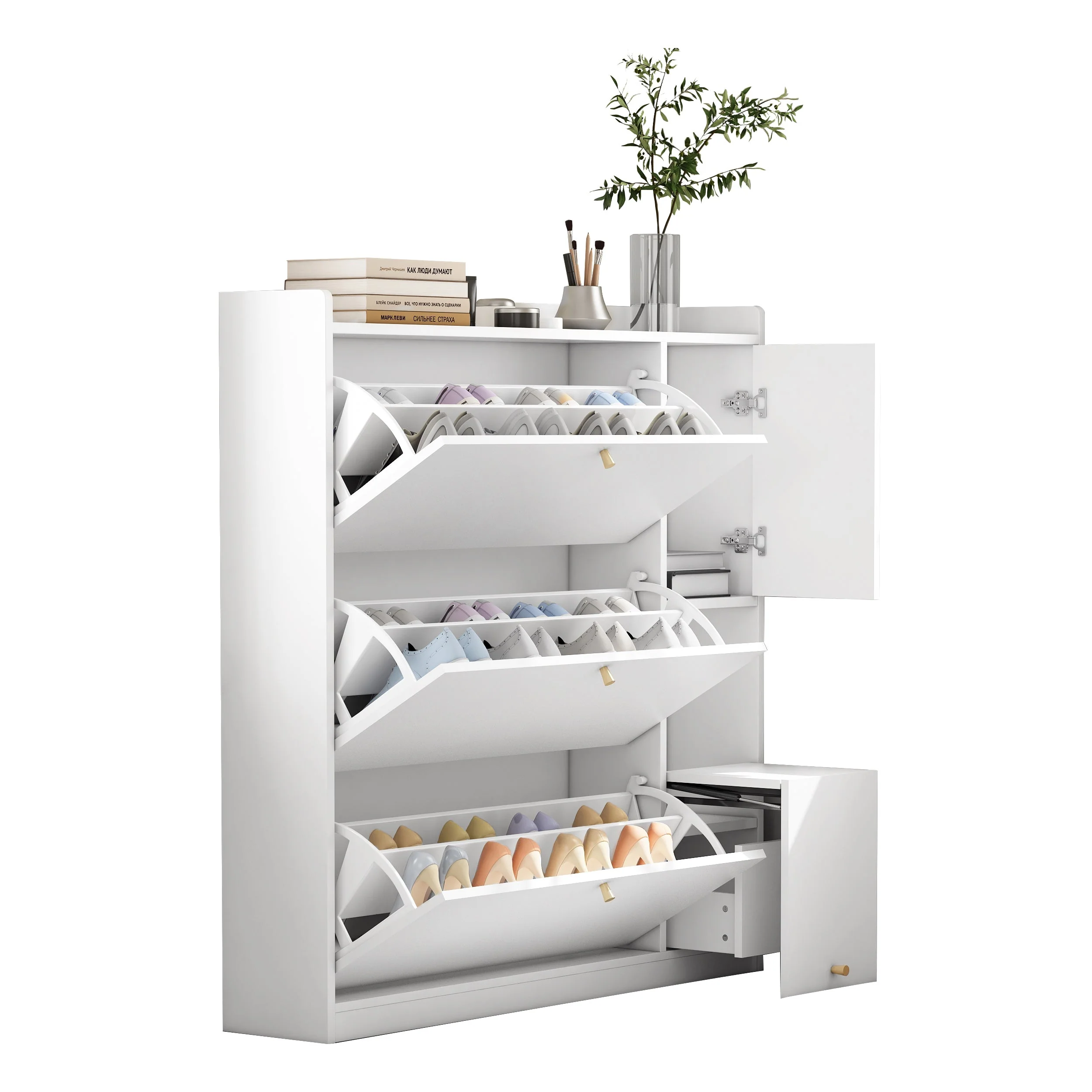 Versatile Tilting Shoe Cabinet with 3 Folding Drawers, Entryway Organizer, White - Image 3
