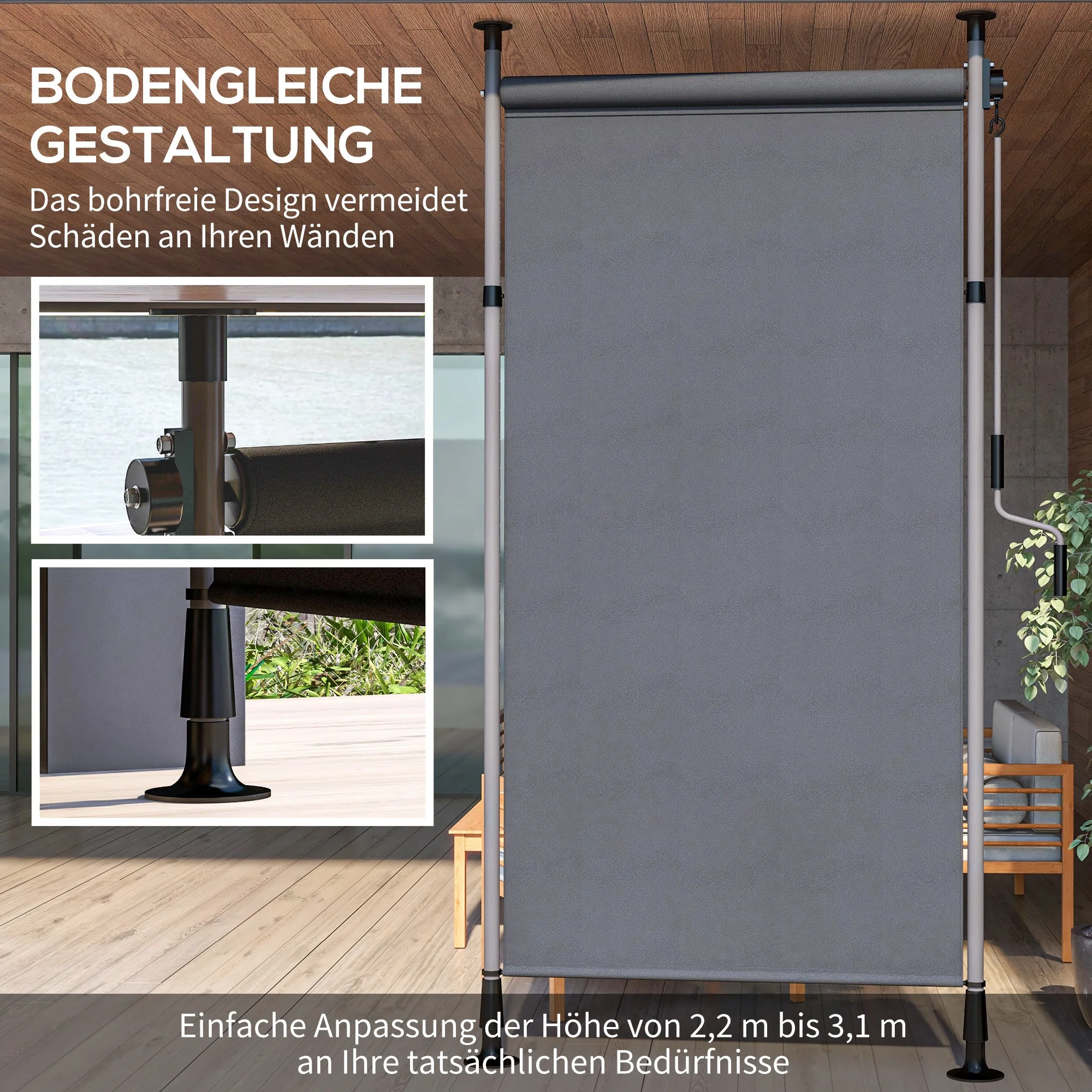 Vertical Awning/Balcony Blind 150 x 220-310cm Crank Weatherproof Polyester Dark Grey - Image 4