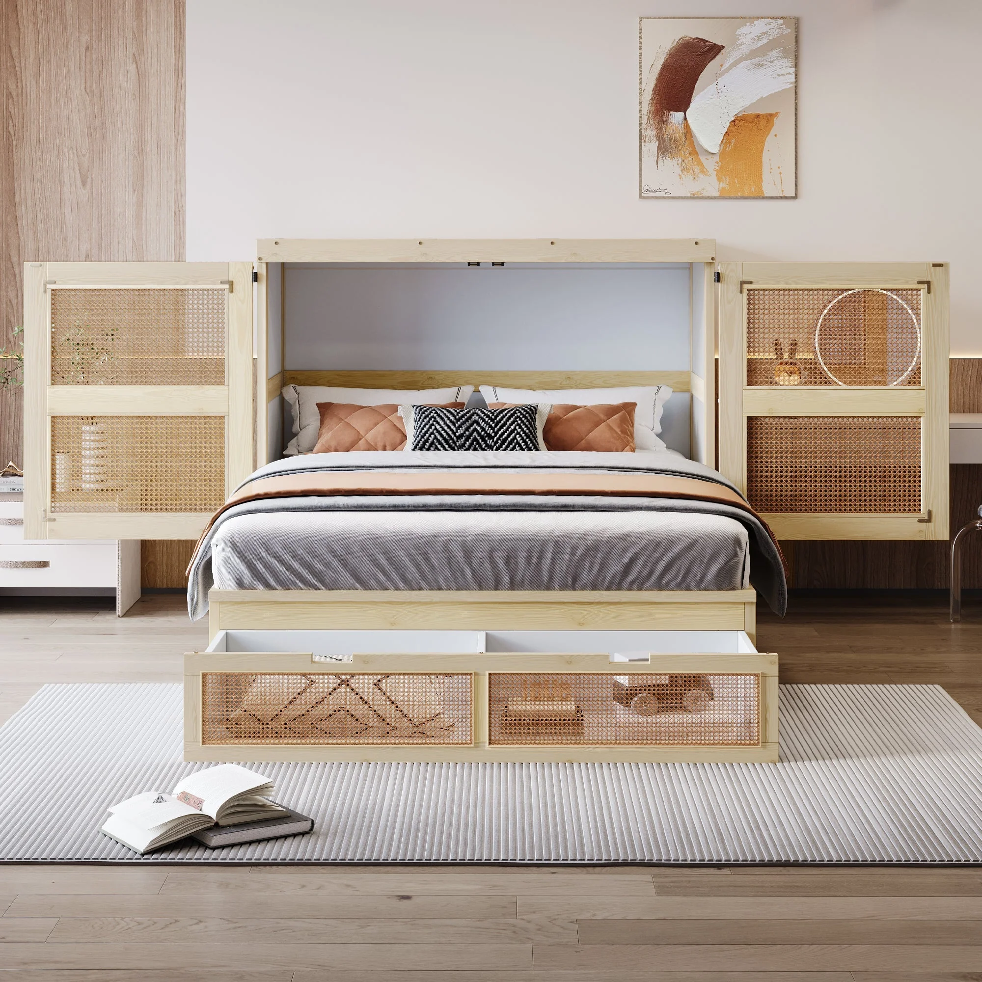 Vertical Wall Bed with Slatted Base and Storage Drawers, 140 x 200 cm, Wood Color - Image 2