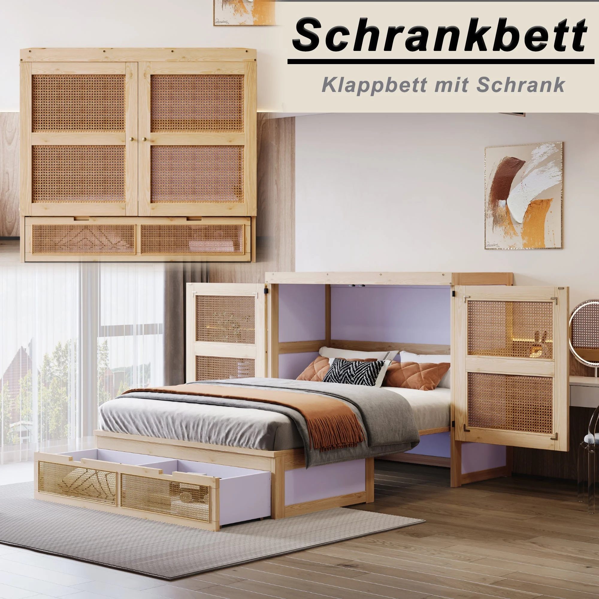 Vertical Wall Bed with Slatted Base and Storage Drawers, 140 x 200 cm, Wood Color - Image 4