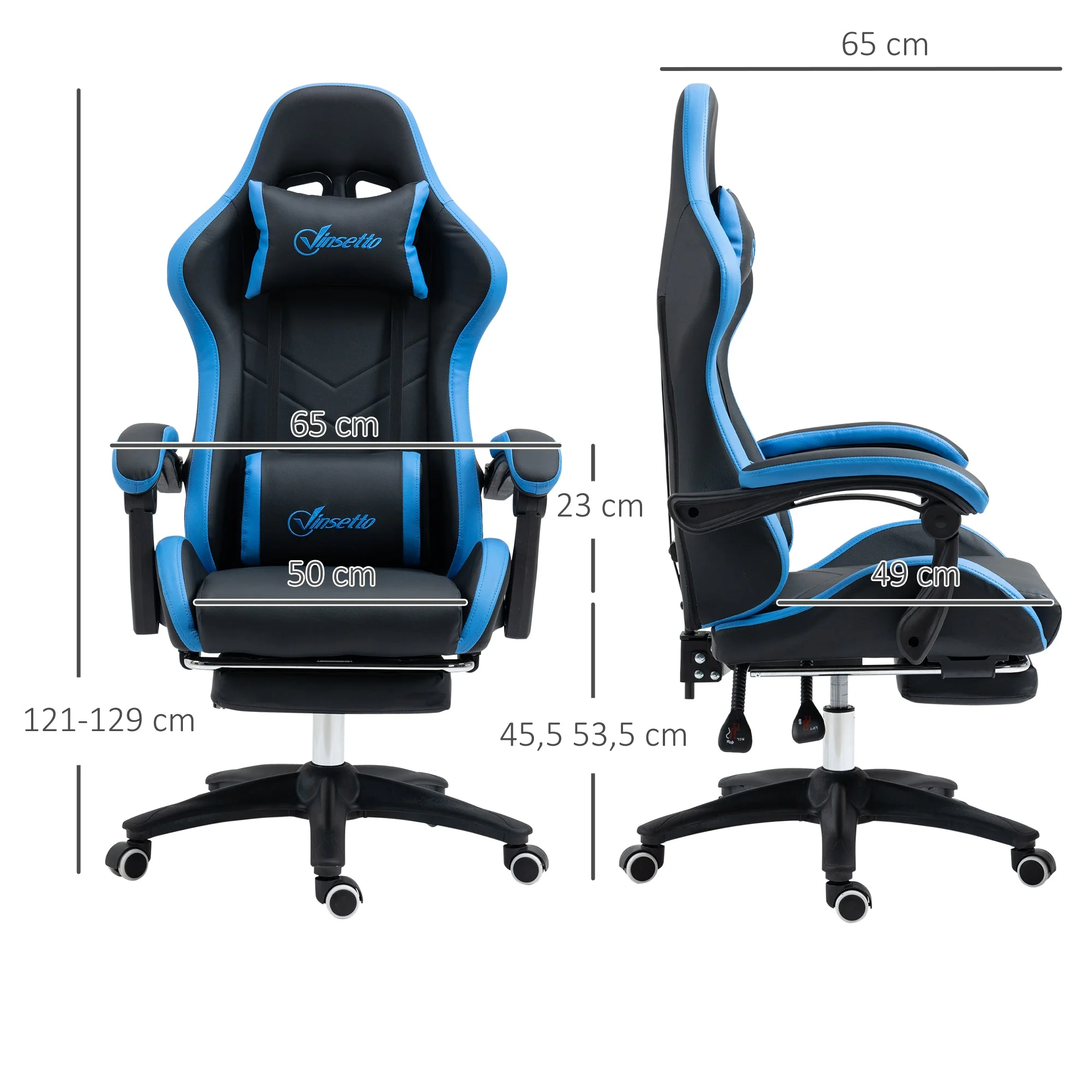 Vinsetto Gaming Chair, Height-Adjustable, Reclining, Blue Black - Image 3