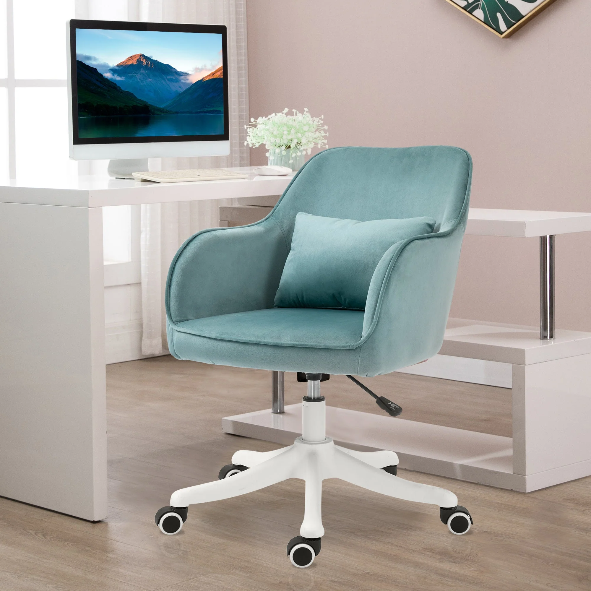 Vinsetto Living Room Swivel Chair, Massage Office Desk Chair with Lumbar Cushion, Armrests, Green