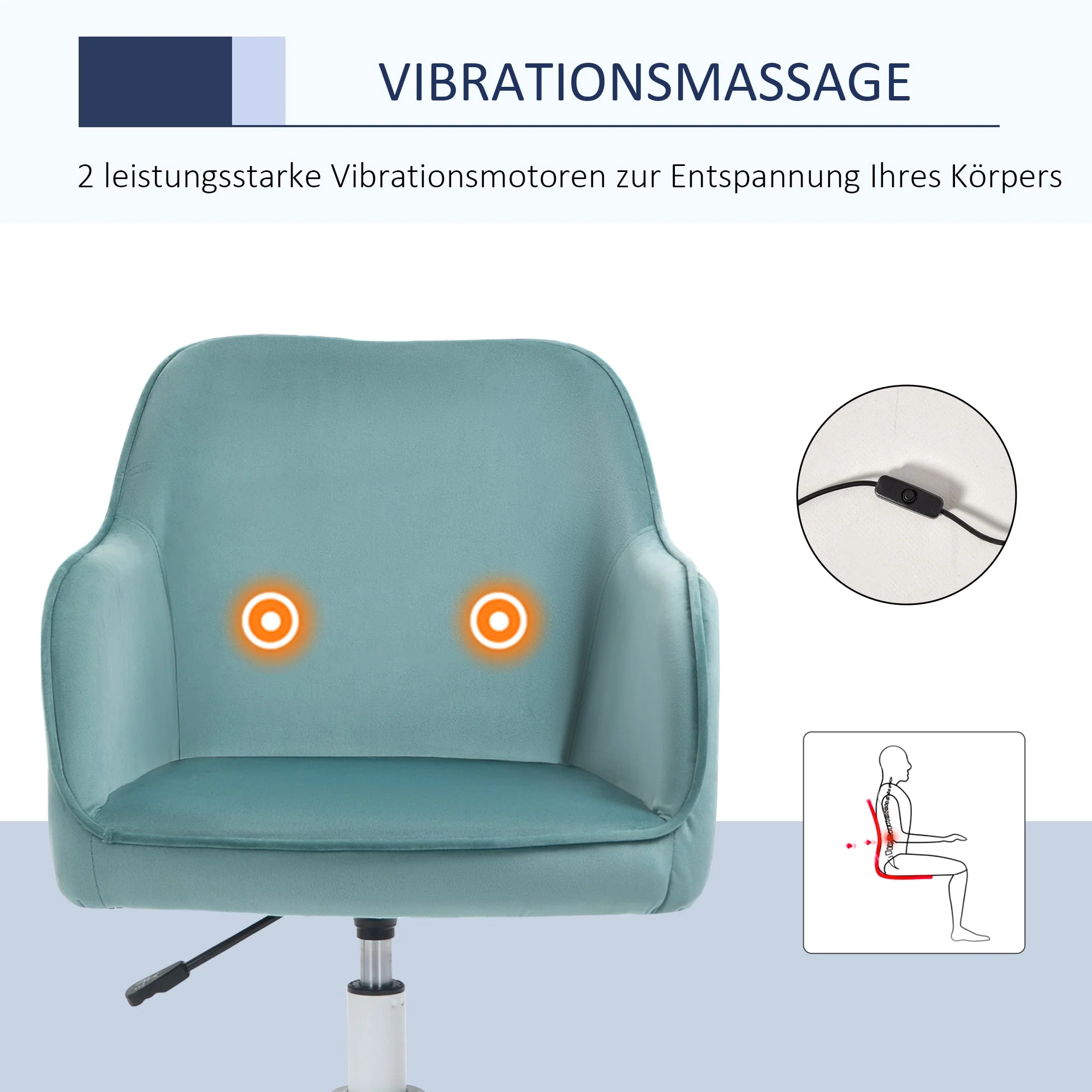 Vinsetto Living Room Swivel Chair, Massage Office Desk Chair with Lumbar Cushion, Armrests, Green - Image 4