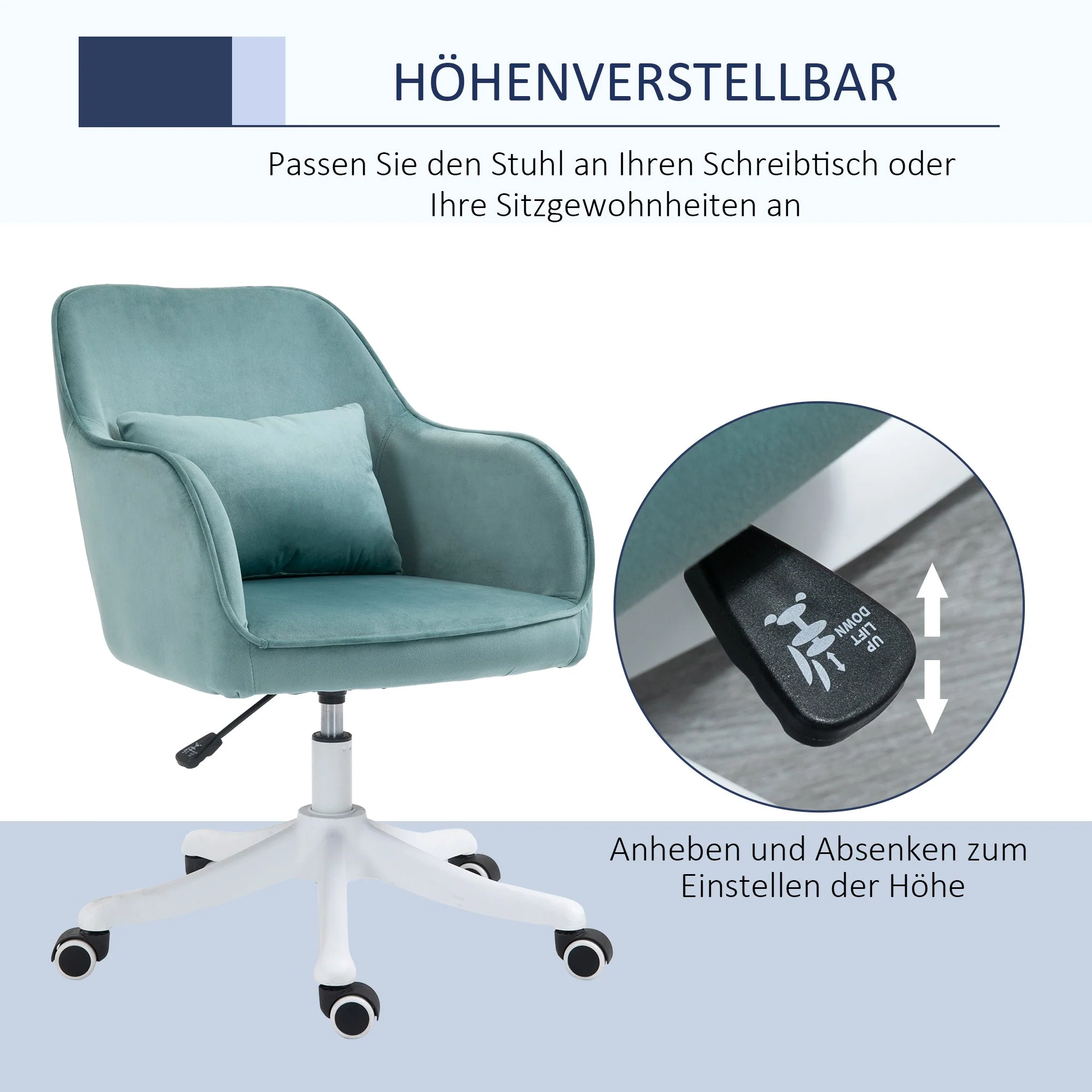 Vinsetto Living Room Swivel Chair, Massage Office Desk Chair with Lumbar Cushion, Armrests, Green - Image 6