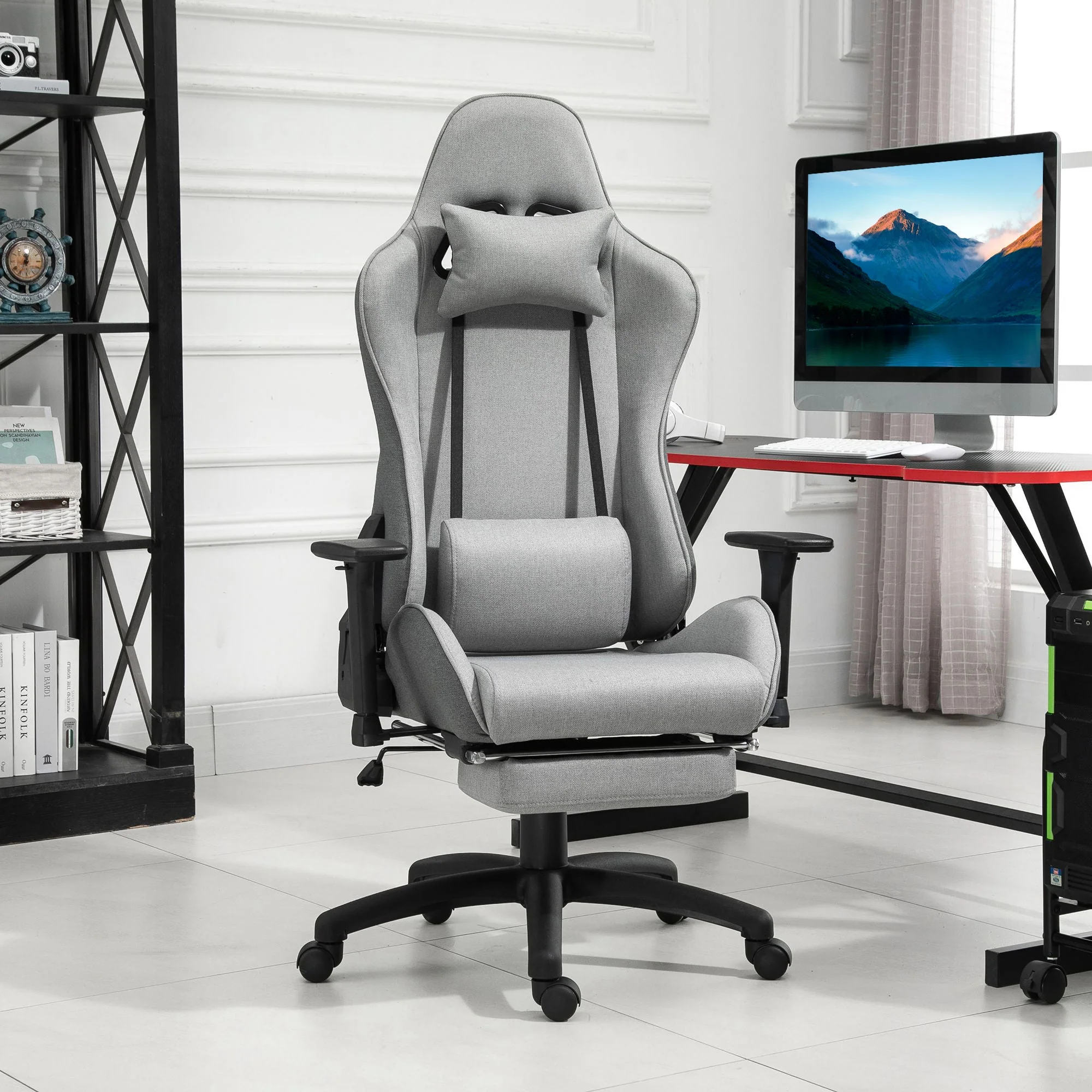 Vinsetto Office Chair, Adjustable Armrests, Lumbar Cushions, Rocker Function, Grey Fabric