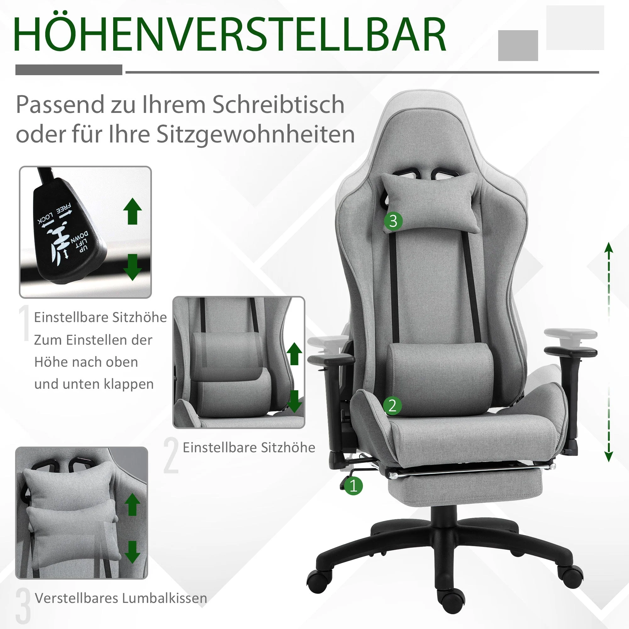 Vinsetto Office Chair, Adjustable Armrests, Lumbar Cushions, Rocker Function, Grey Fabric - Image 6