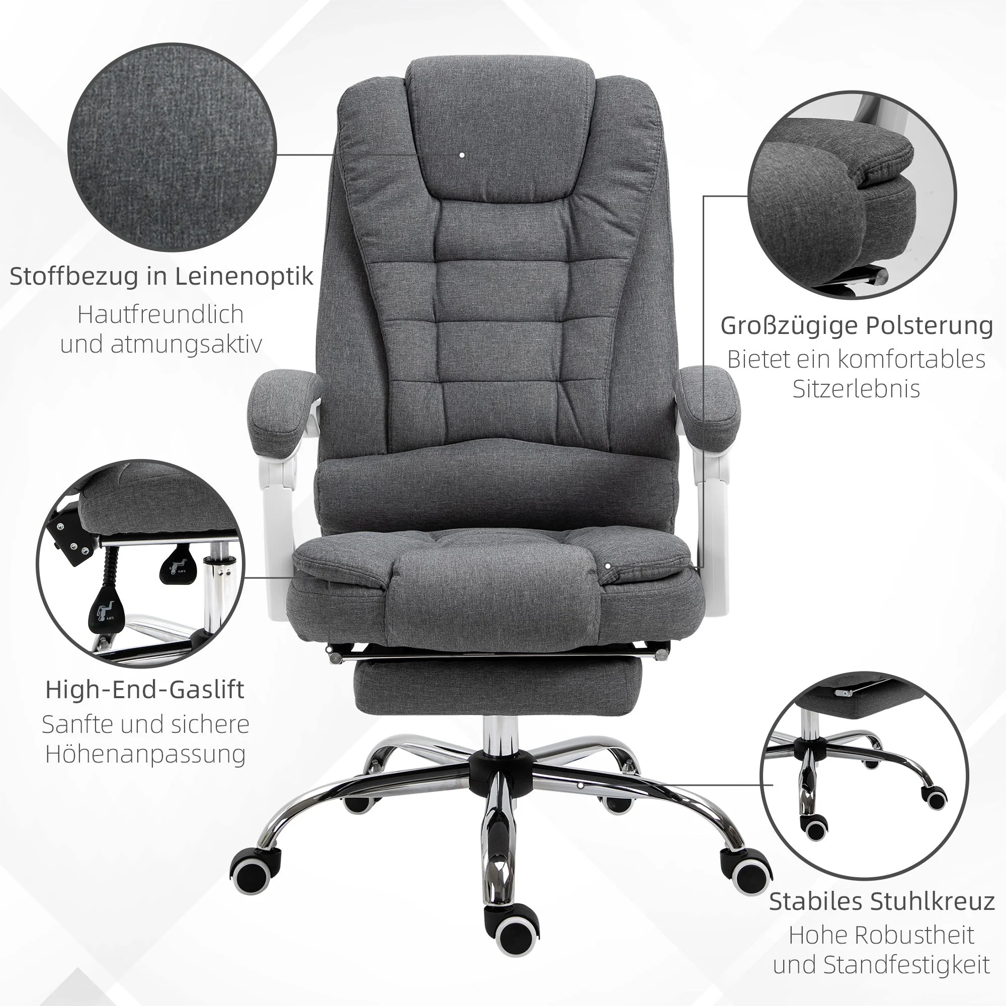 Vinsetto Office Chair Ergonomic Desk Chair, Foldable Footrest, Grey Metal - Image 4