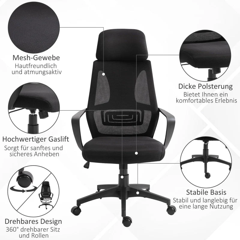 Vinsetto Office Chair, Ergonomic Desk Swivel with Armrests, Headrest, Lumbar, Mesh, Black - Image 5