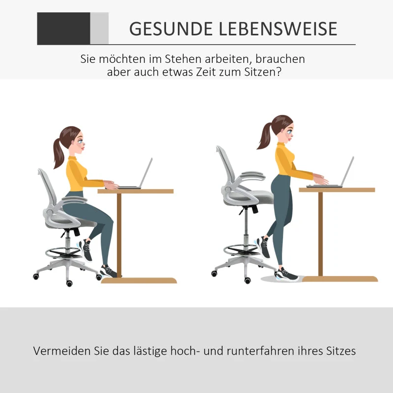 Vinsetto Office Chair, Ergonomic Desk with Folding Armrests, Adjustable Footrest, Swivel, Mesh Light Grey - Image 5