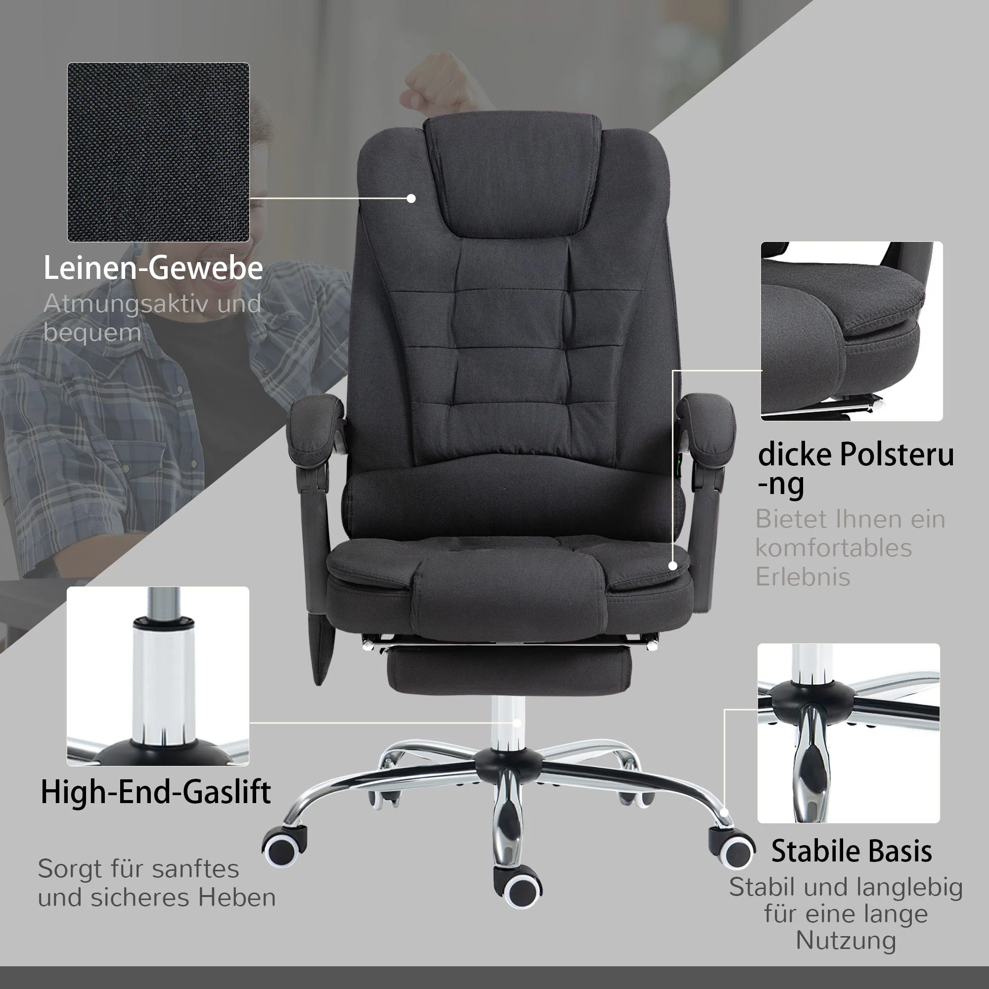 Vinsetto Office Chair, Massage Ergonomic Reclining Heating Footrest, Black - Image 6
