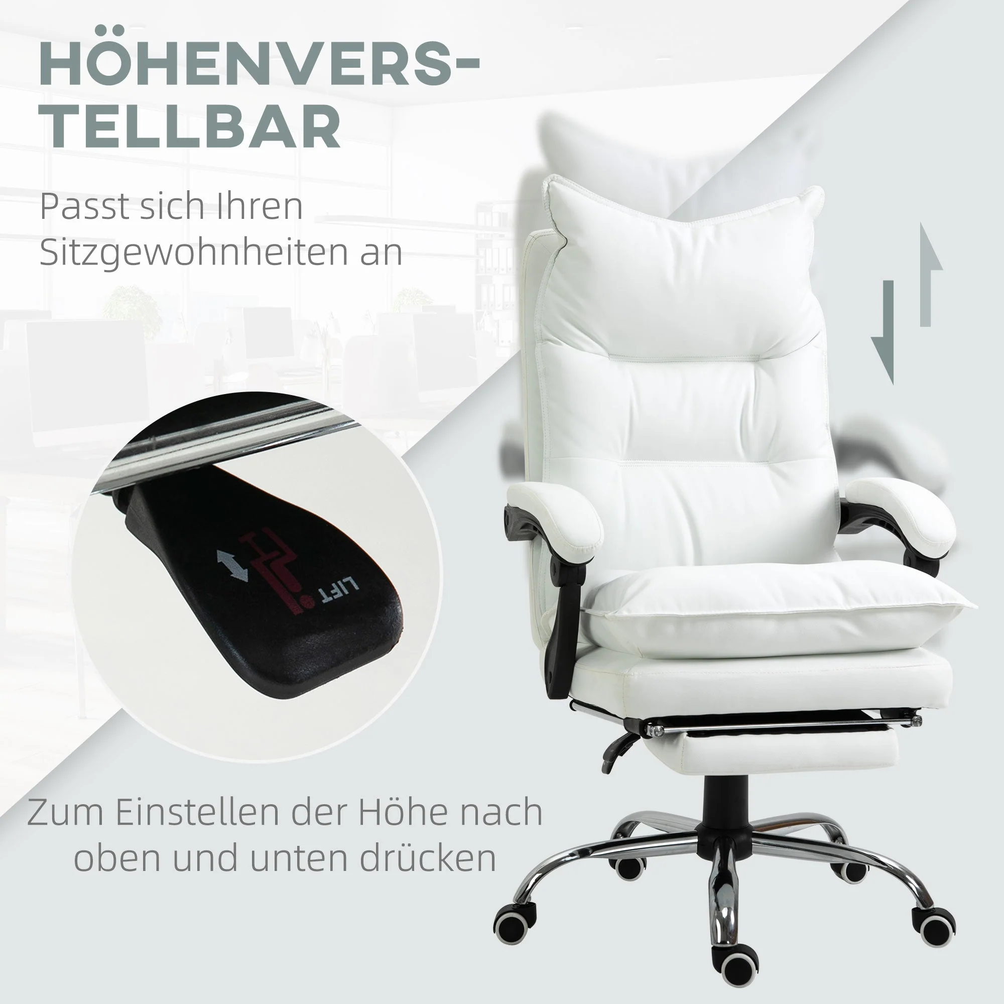 Vinsetto Office Chair Reclining, Footrest, Swivel, White - Image 4