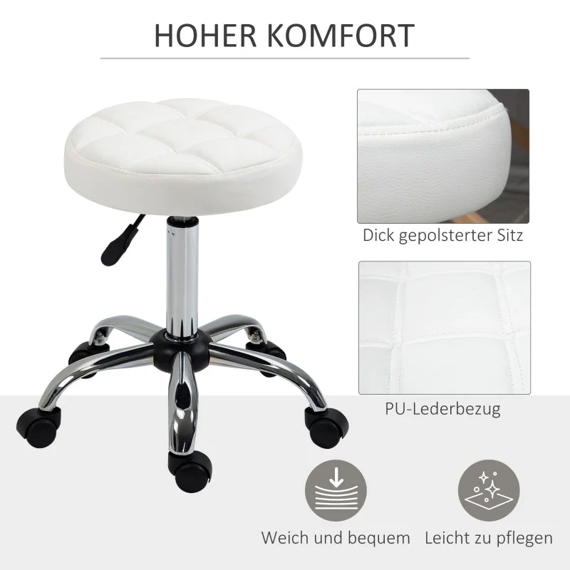 Vinsetto Rolling Stool Height-Adjustable Rotating Work, Artificial Leather White - Image 3