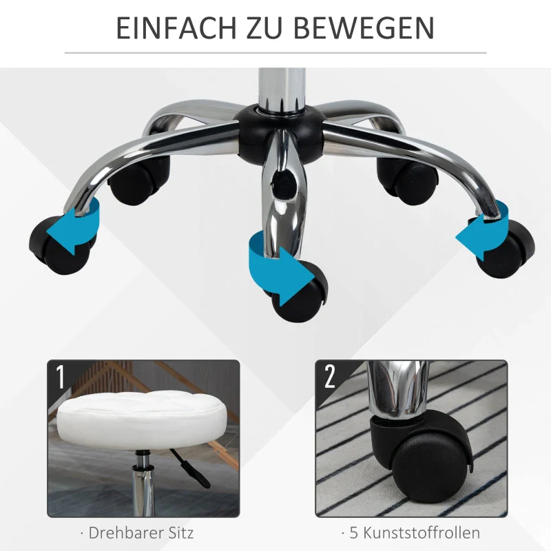 Vinsetto Rolling Stool Height-Adjustable Rotating Work, Artificial Leather White - Image 4
