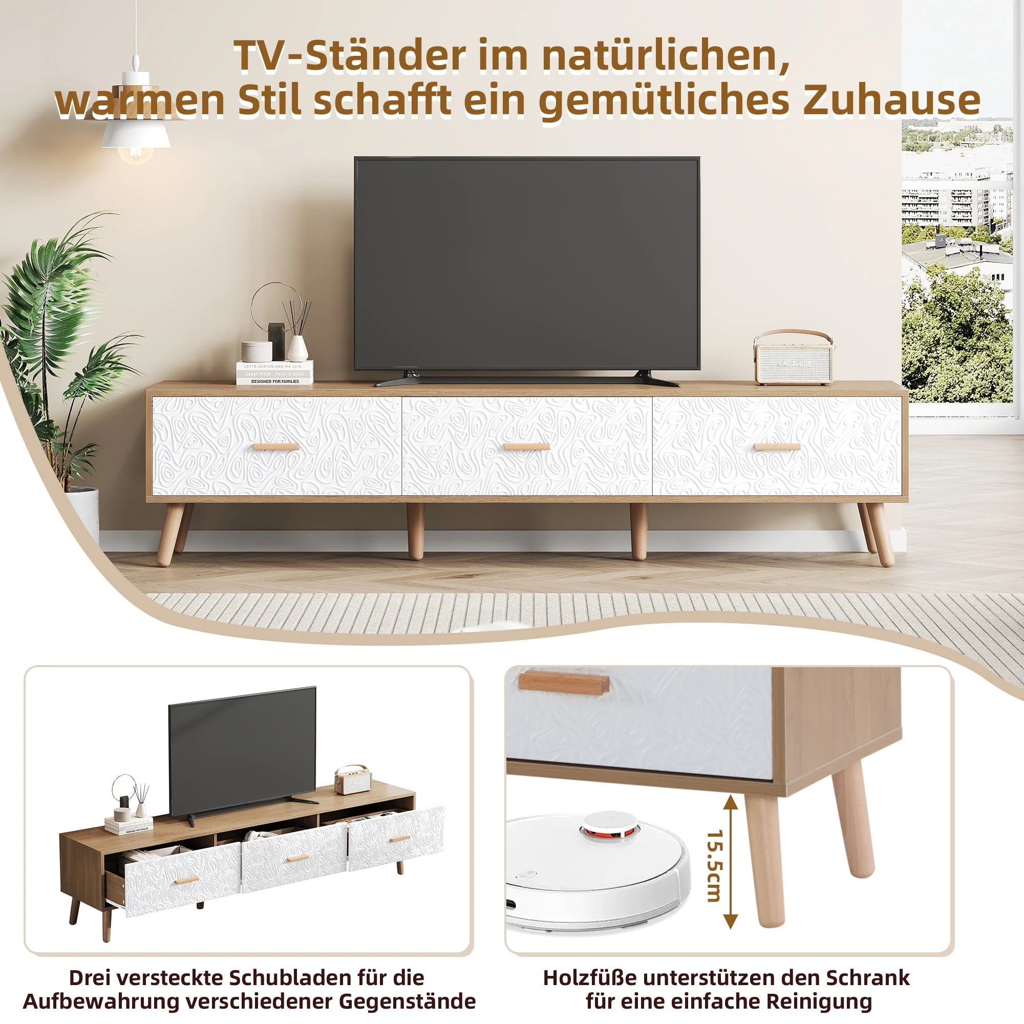 Vintage TV Low Panel Wooden Cabinet/Table 150*35*39cm, Light Wood/White - Image 7