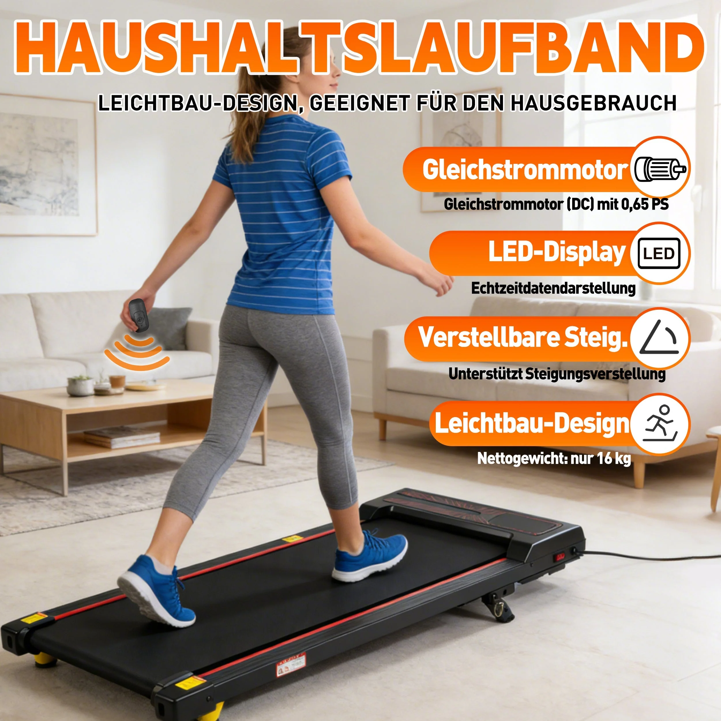 Walking Pad Treadmill with Adjustable Incline and Remote Control, 1-6 km/h 2-in-1 Portable Design, Black - Image 2