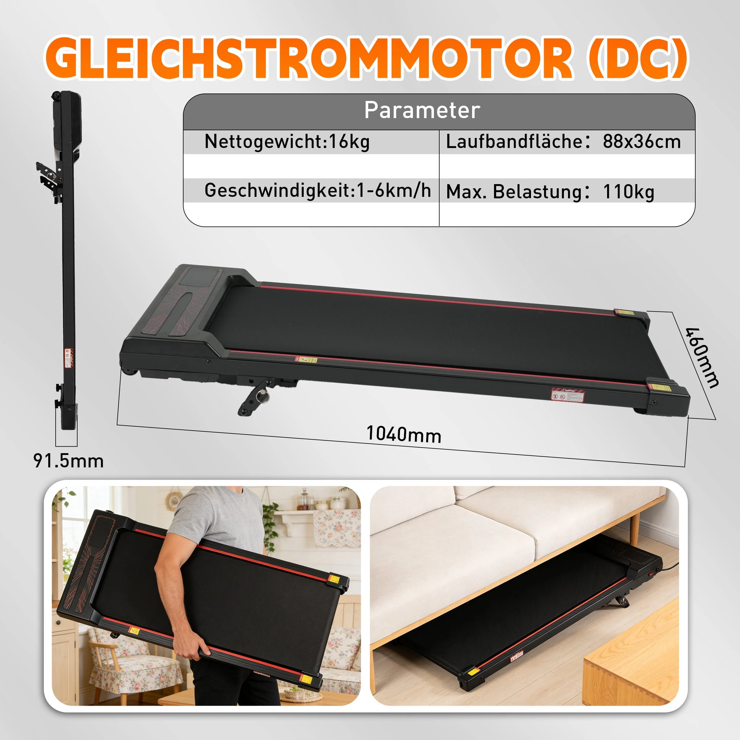 Walking Pad Treadmill with Adjustable Incline and Remote Control, 1-6 km/h 2-in-1 Portable Design, Black - Image 7