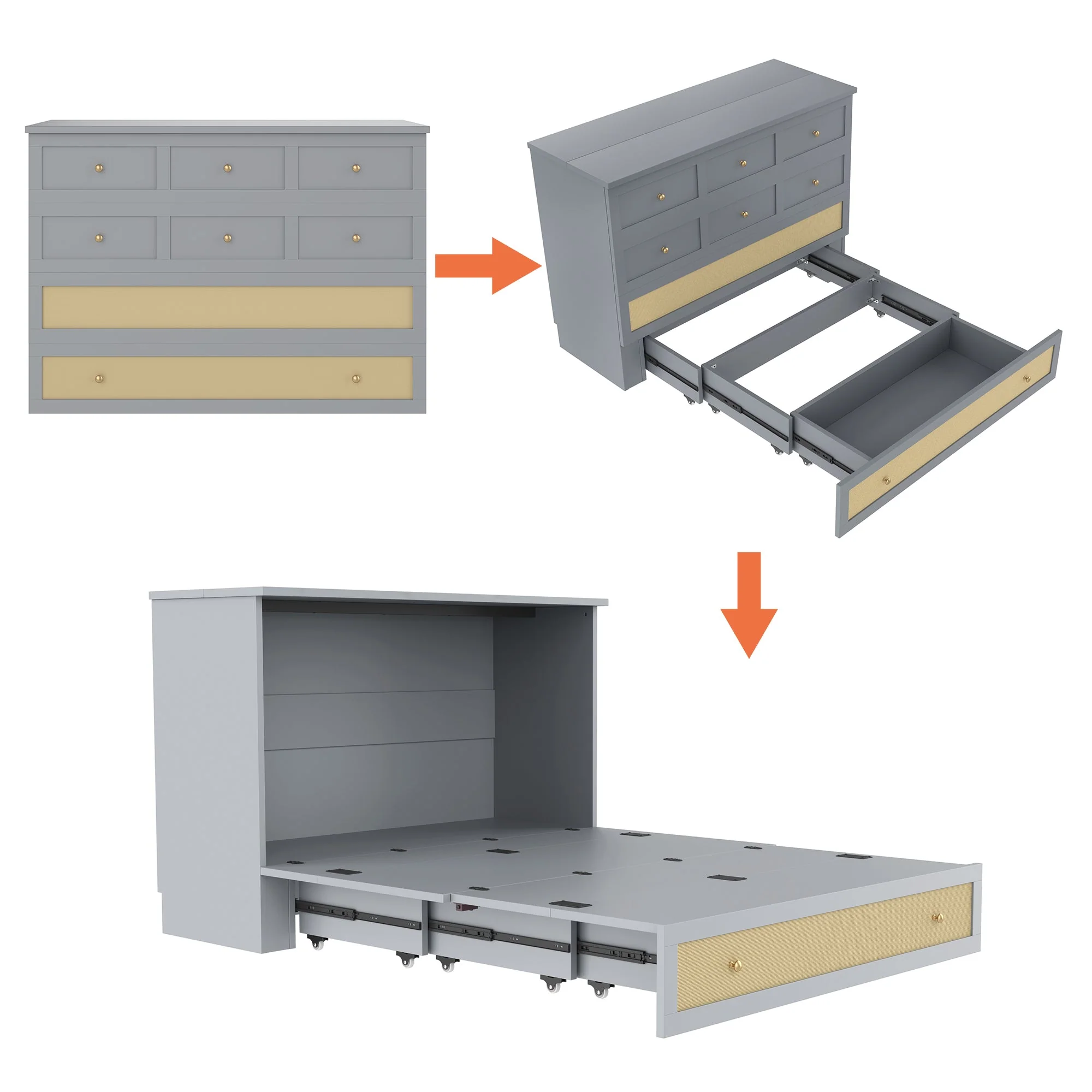 Wall Bed 140x200cm Mobile Convertible Storage Drawers Shelf USB/Power Outlet - Grey - Image 4