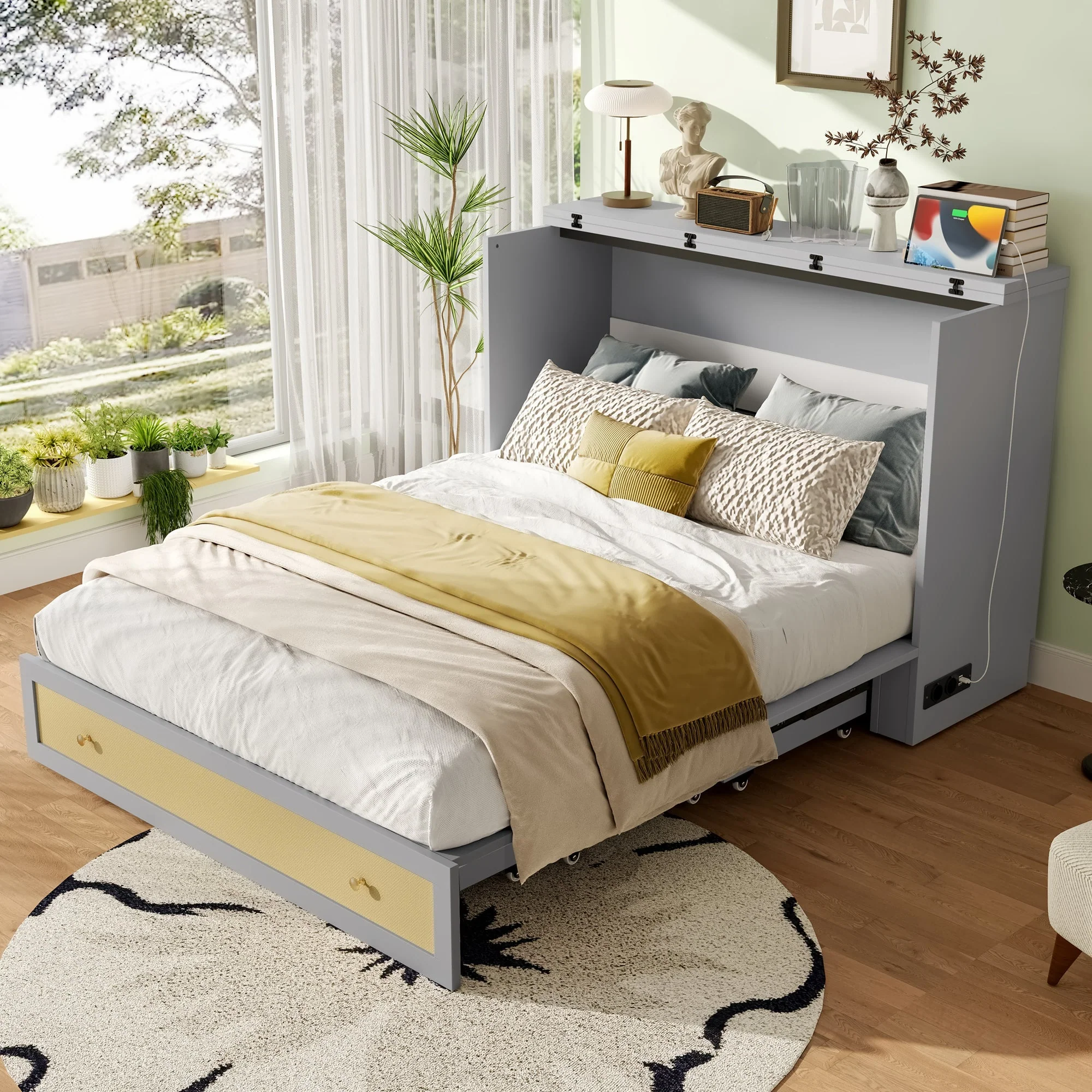 Wall Bed 140x200cm Mobile Convertible Storage Drawers Shelf USB/Power Outlet - Grey - Image 6