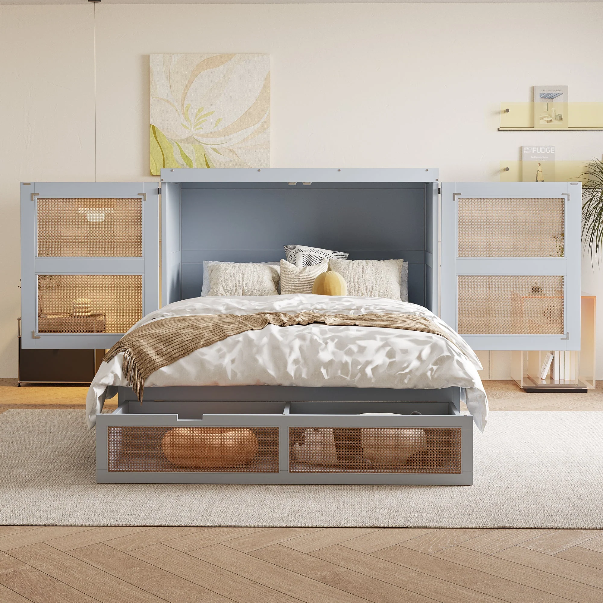 Wall Bed 140x200cm, Slatted Frame, Storage Drawers, Rattan Design, Grey - Image 2