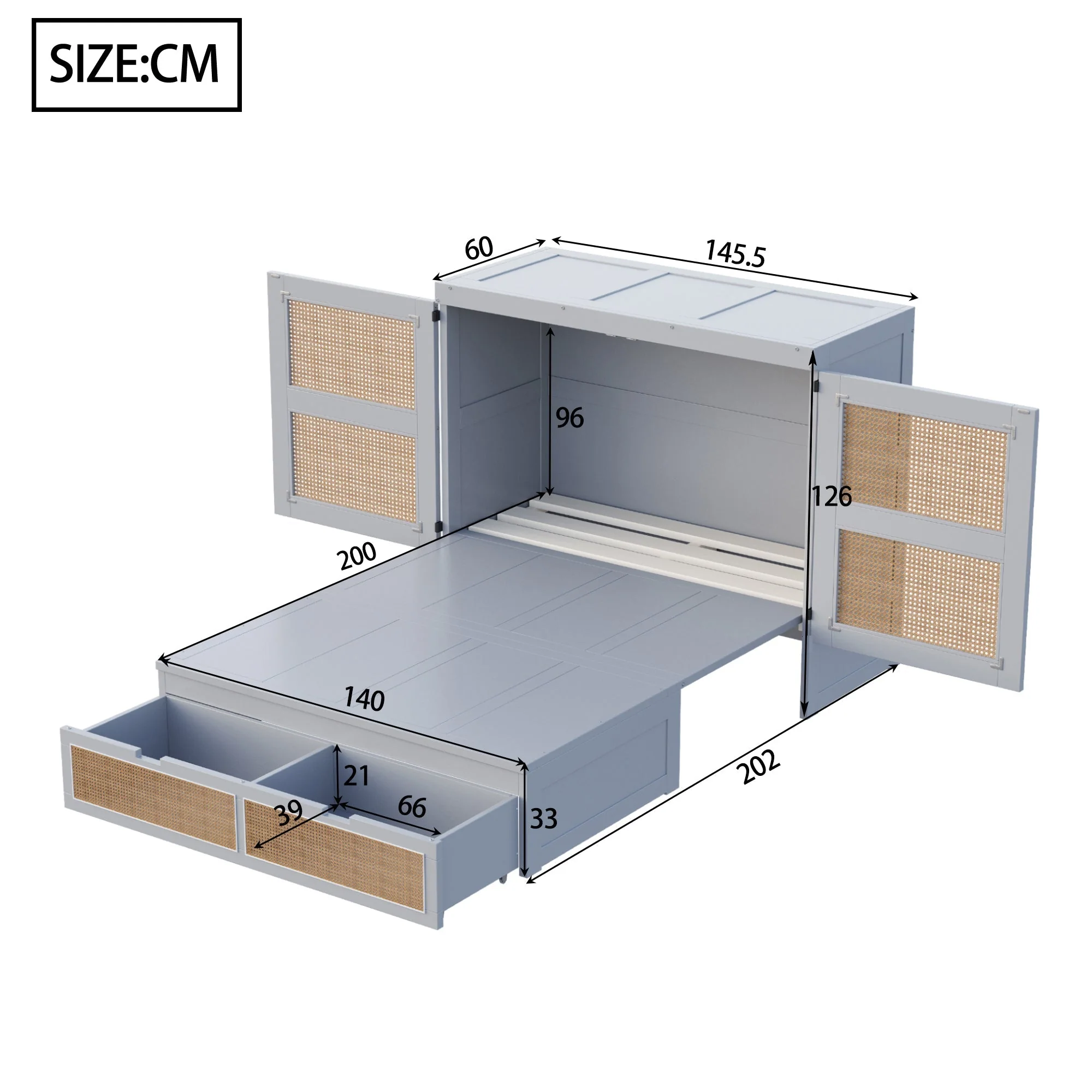 Wall Bed 140x200cm, Slatted Frame, Storage Drawers, Rattan Design, Grey - Image 7