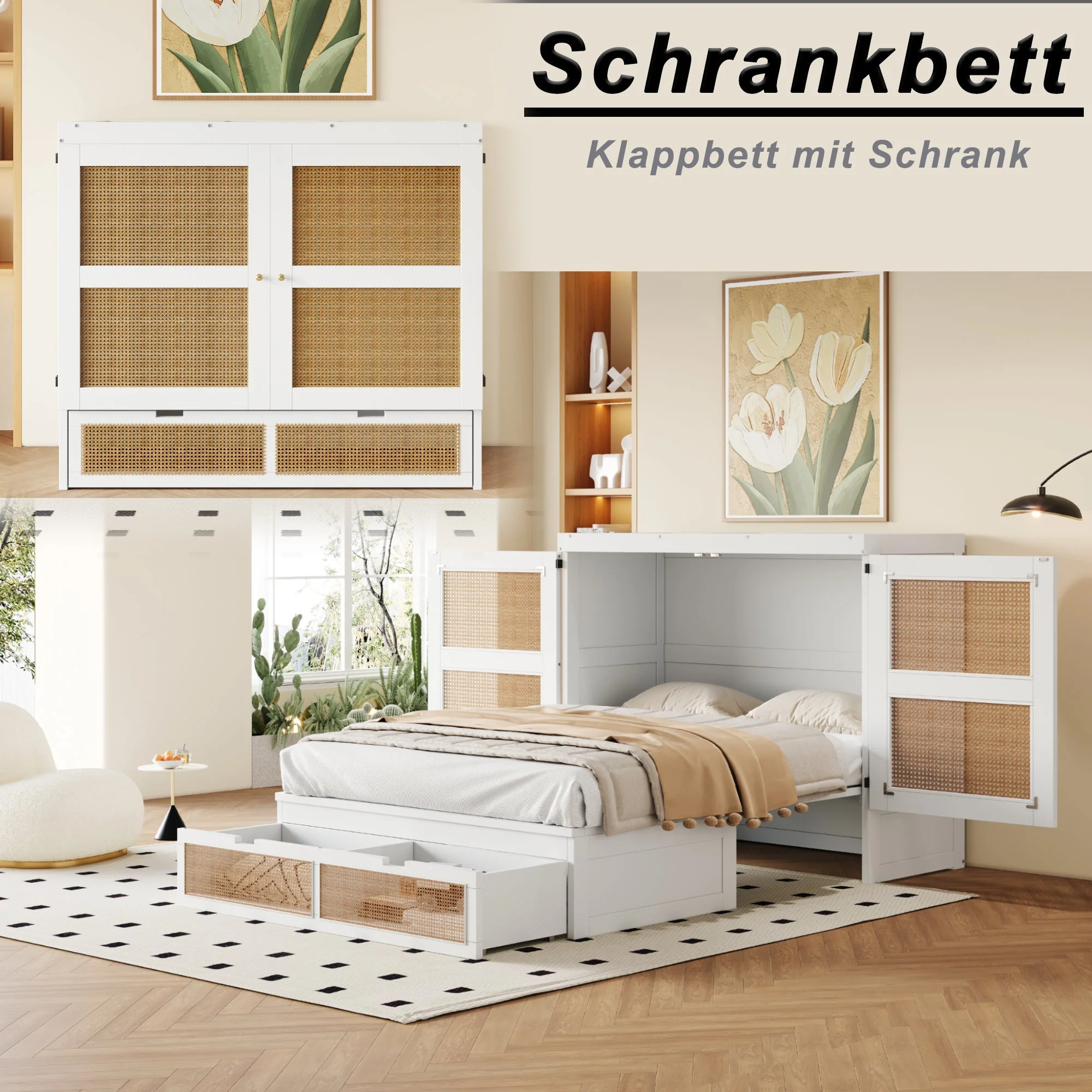 Wall Bed 140x200cm, Vertical with Slatted Frame & Storage Drawers, Rattan Design White - Image 4