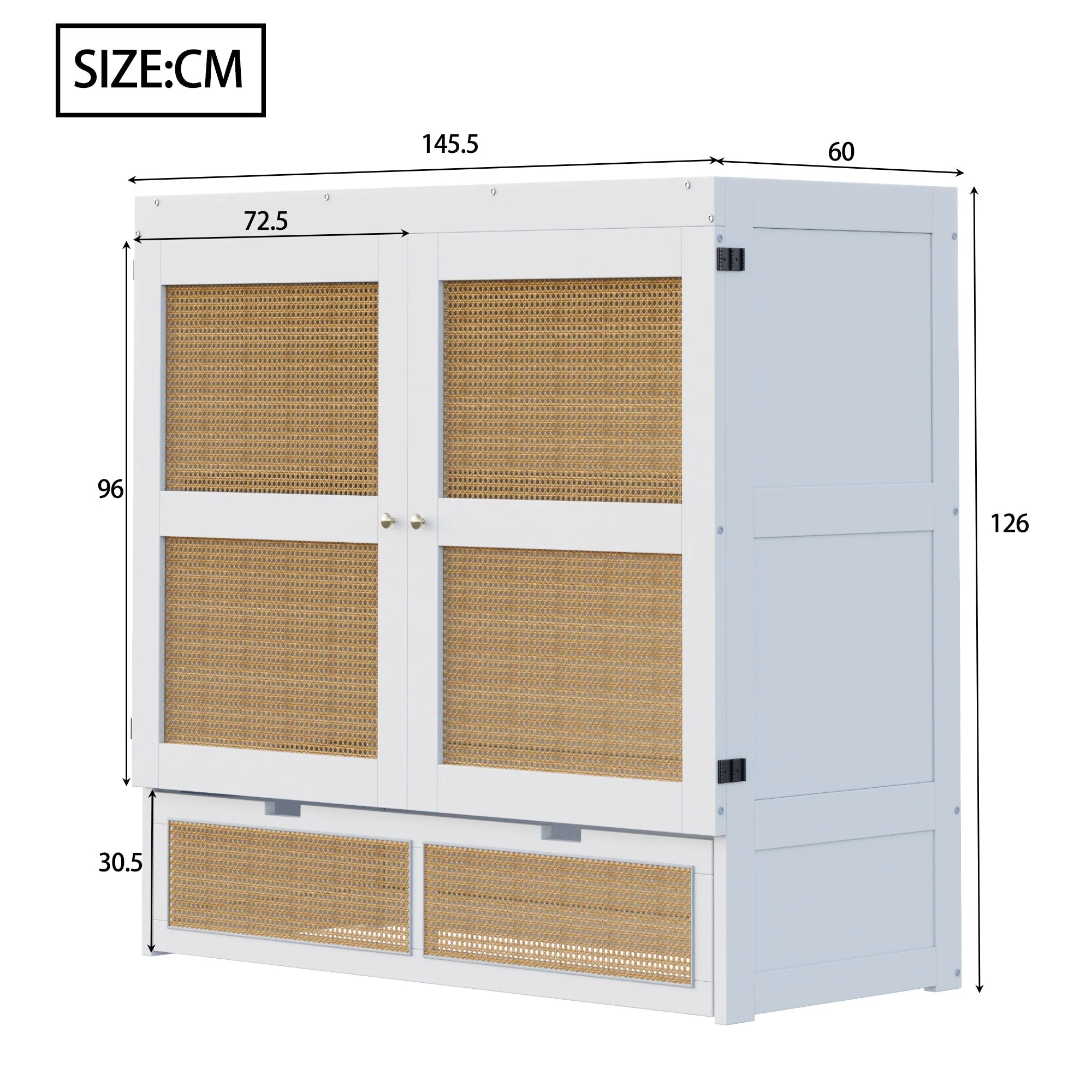 Wall Bed 140x200cm, Vertical with Slatted Frame & Storage Drawers, Rattan Design White - Image 5