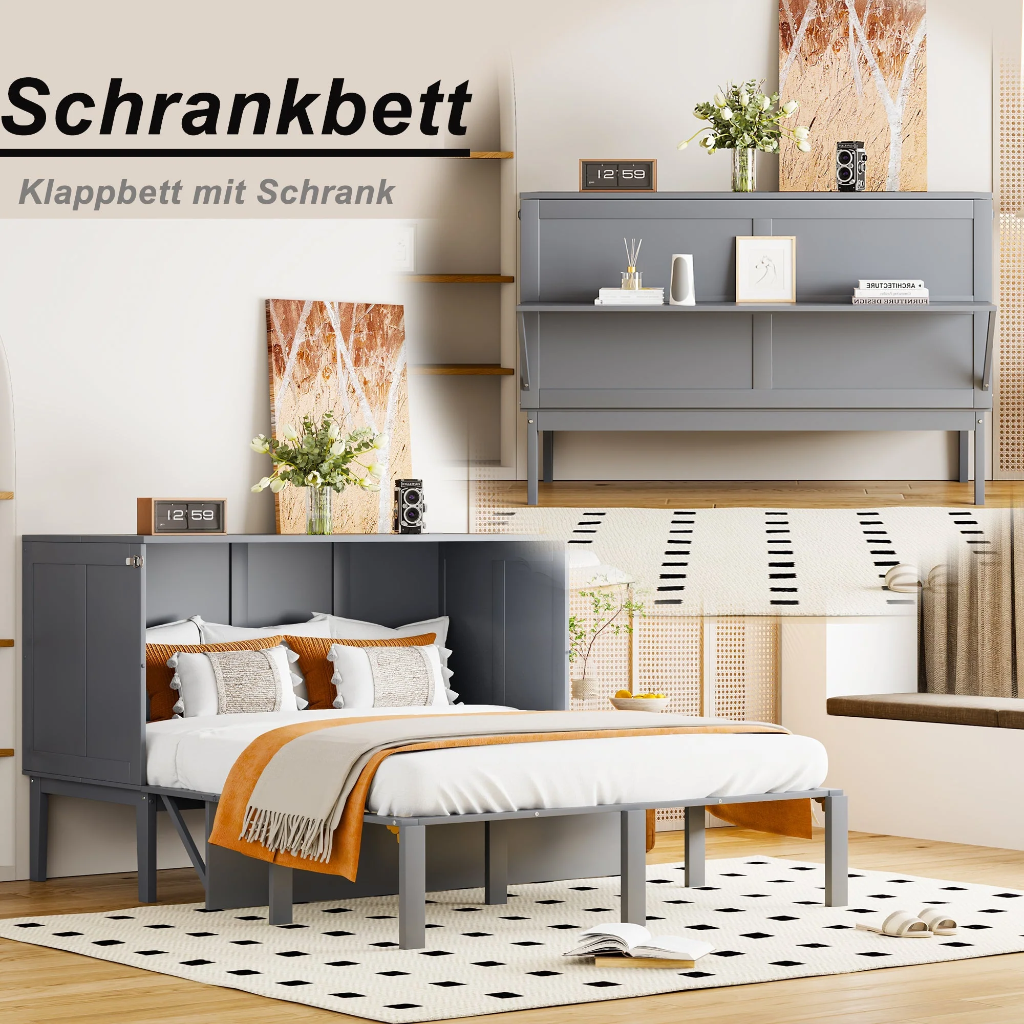 Wall Bed, 140x200cm with Slatted Frame, Grey - Image 2