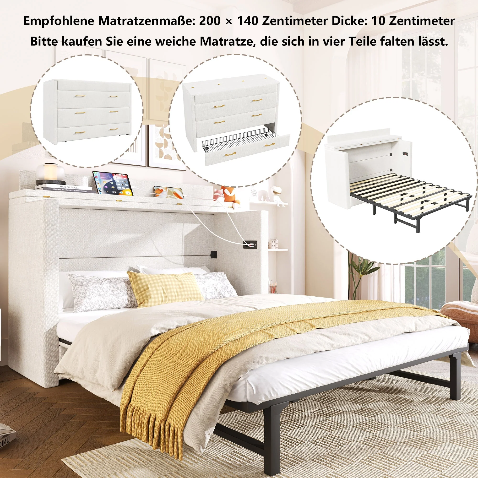 Wall Bed with Storage Drawer, USB Ports and Convertible Platform, Beige Linen - Image 2
