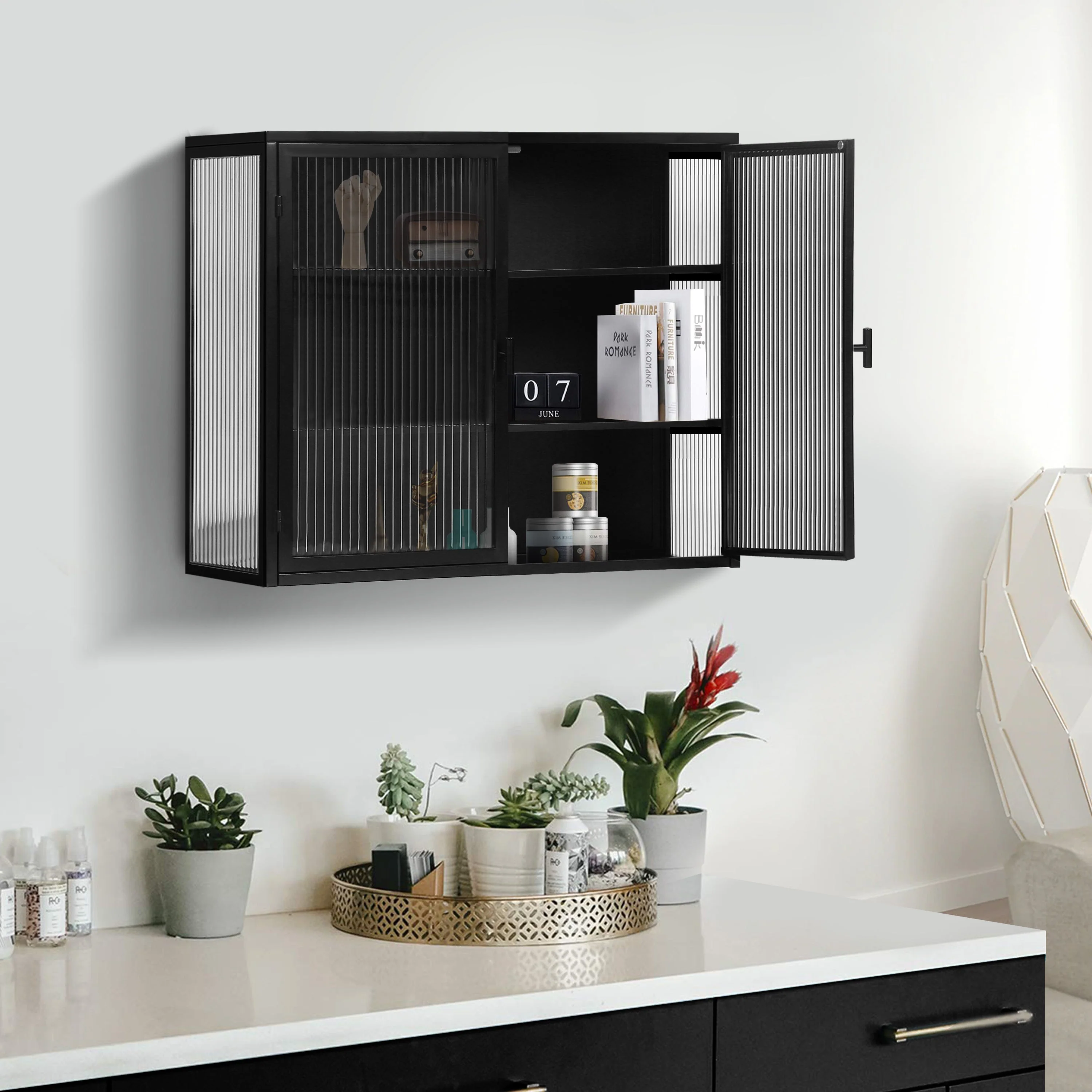 Wall Cabinet 70cm Glass Door Two-Door Three-Tier Storage, Black - Image 5