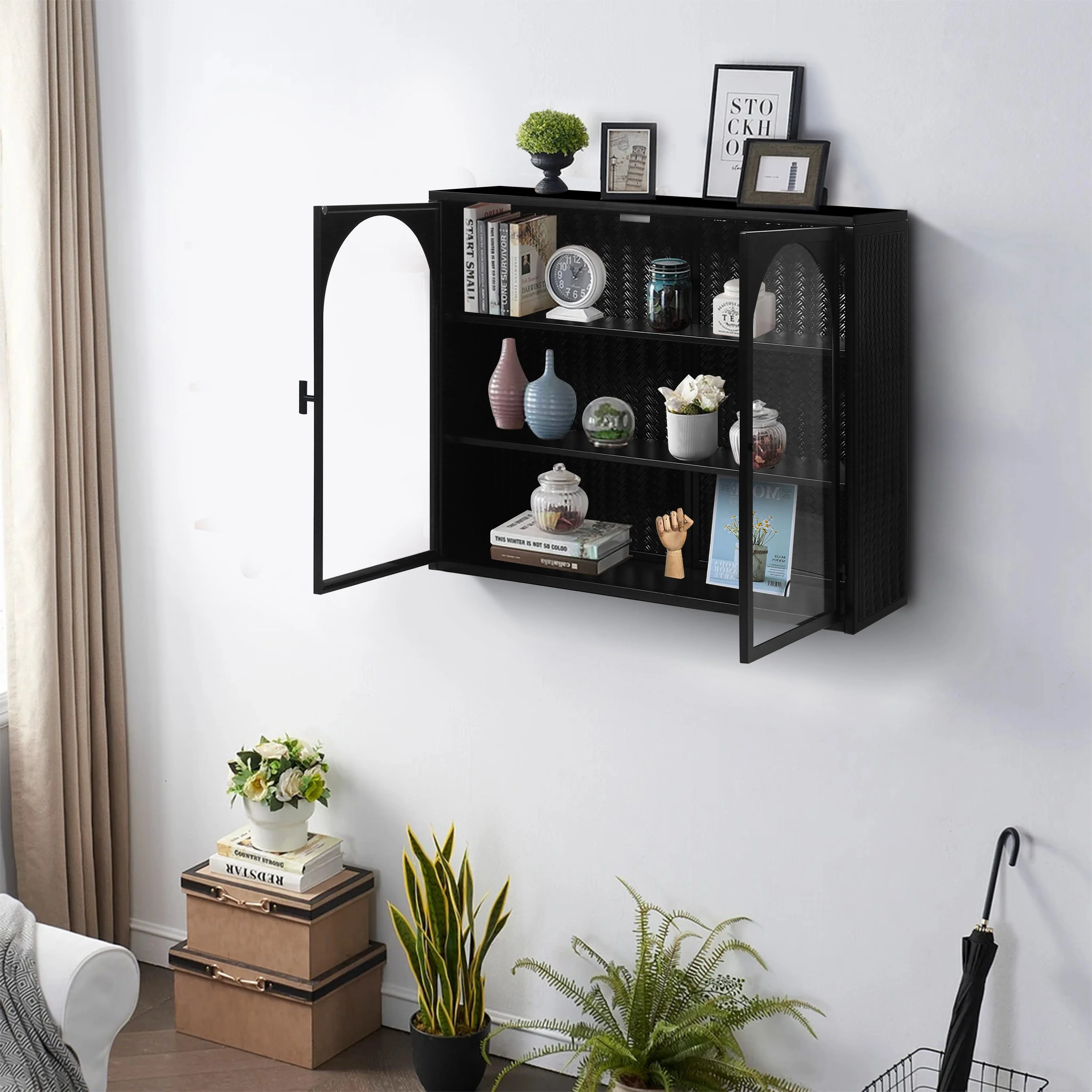 Wall Cabinet 70CM Glass Doors Two-door Three-tier Storage Woven Pattern Black - Image 2