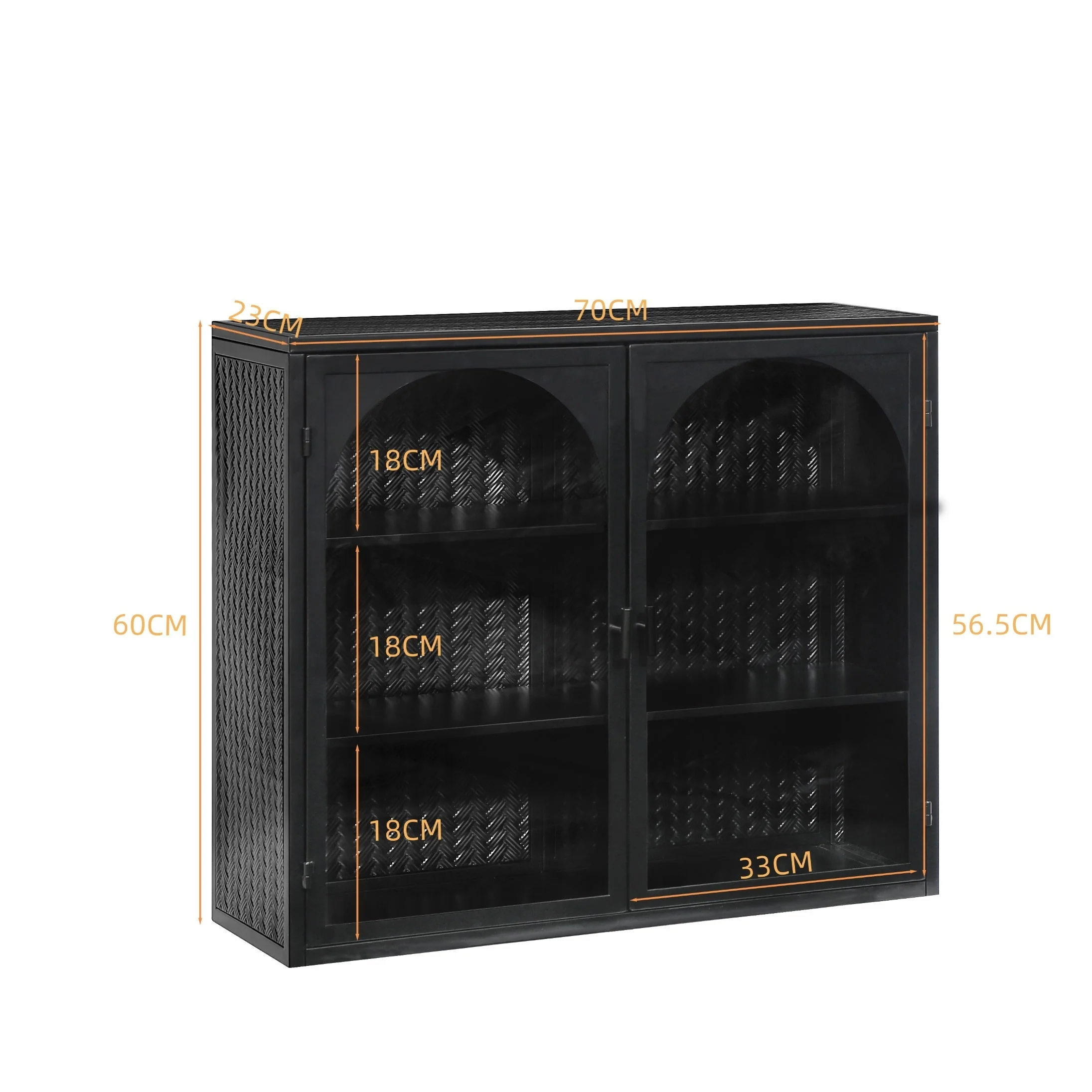 Wall Cabinet 70CM Glass Doors Two-door Three-tier Storage Woven Pattern Black - Image 3