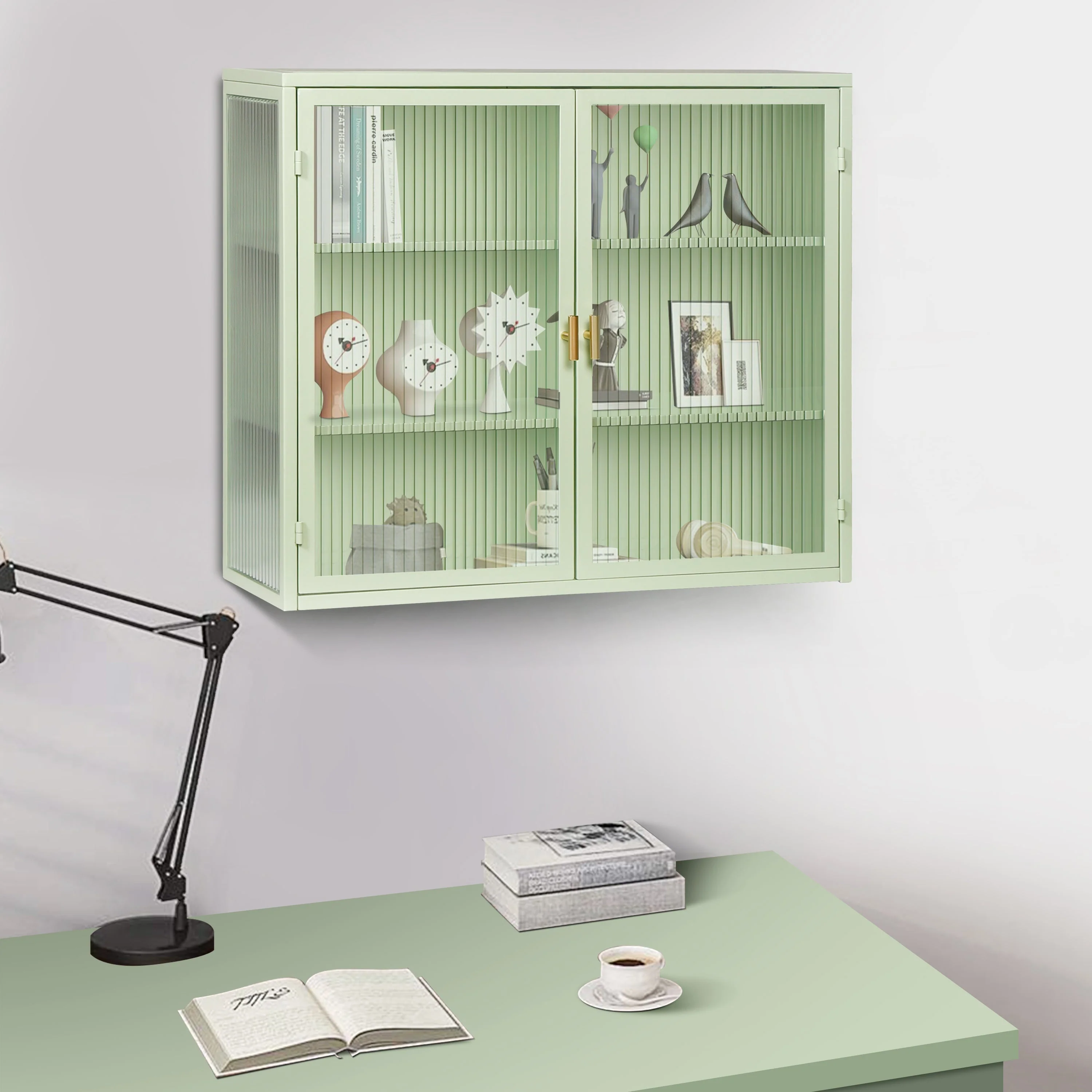 Wall Cabinet, 70CM Modern Two-Door with Three-Tier Storage, Glass Doors (Green) - Image 2