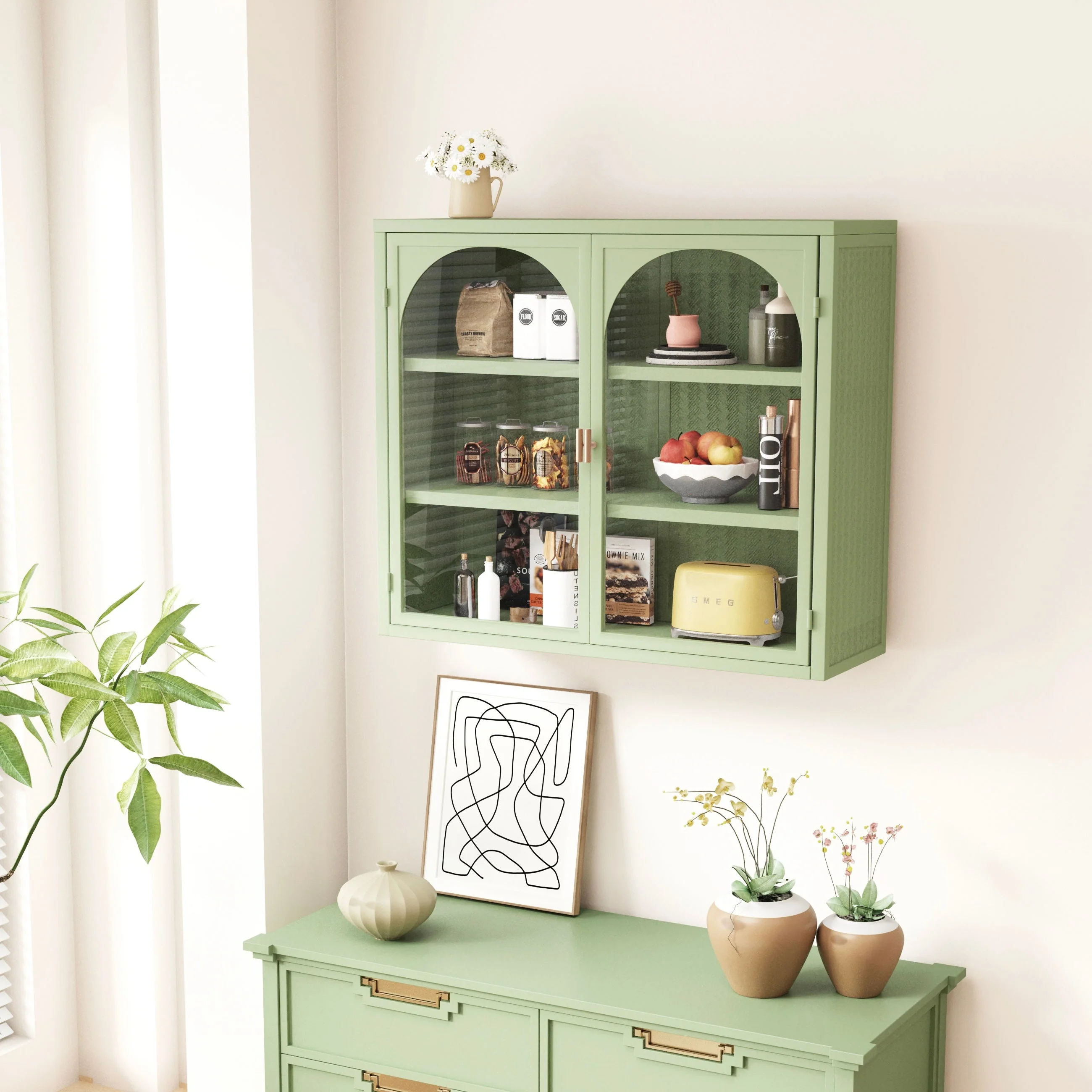 Wall Cabinet 70cm Two-door Three-tier Storage Woven Pattern, Green - Image 3