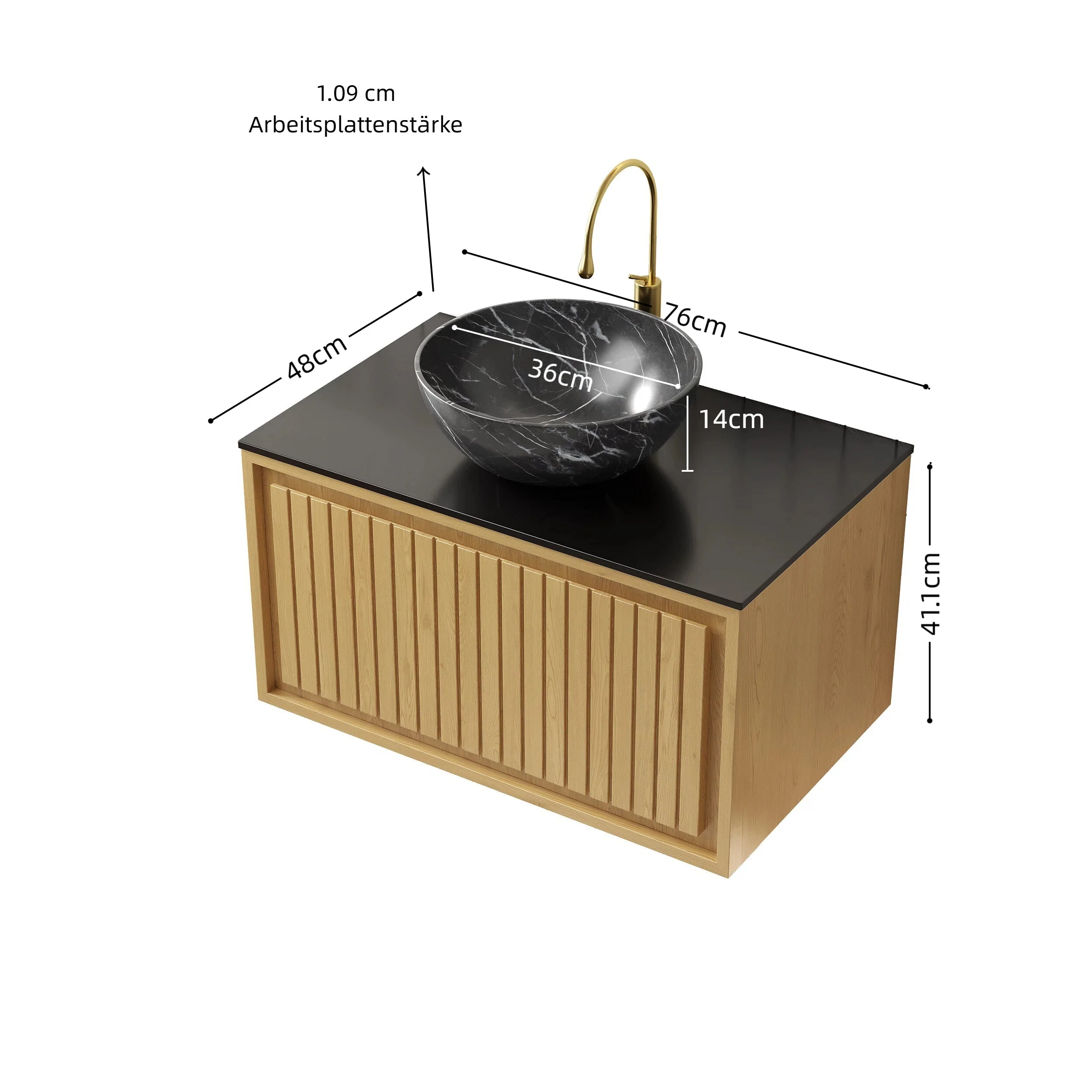Wall-Hung Bathroom Sink 61cm Black Ceramic Bowl Sintered Stone Top Drawer - Corolla Oak - Image 8